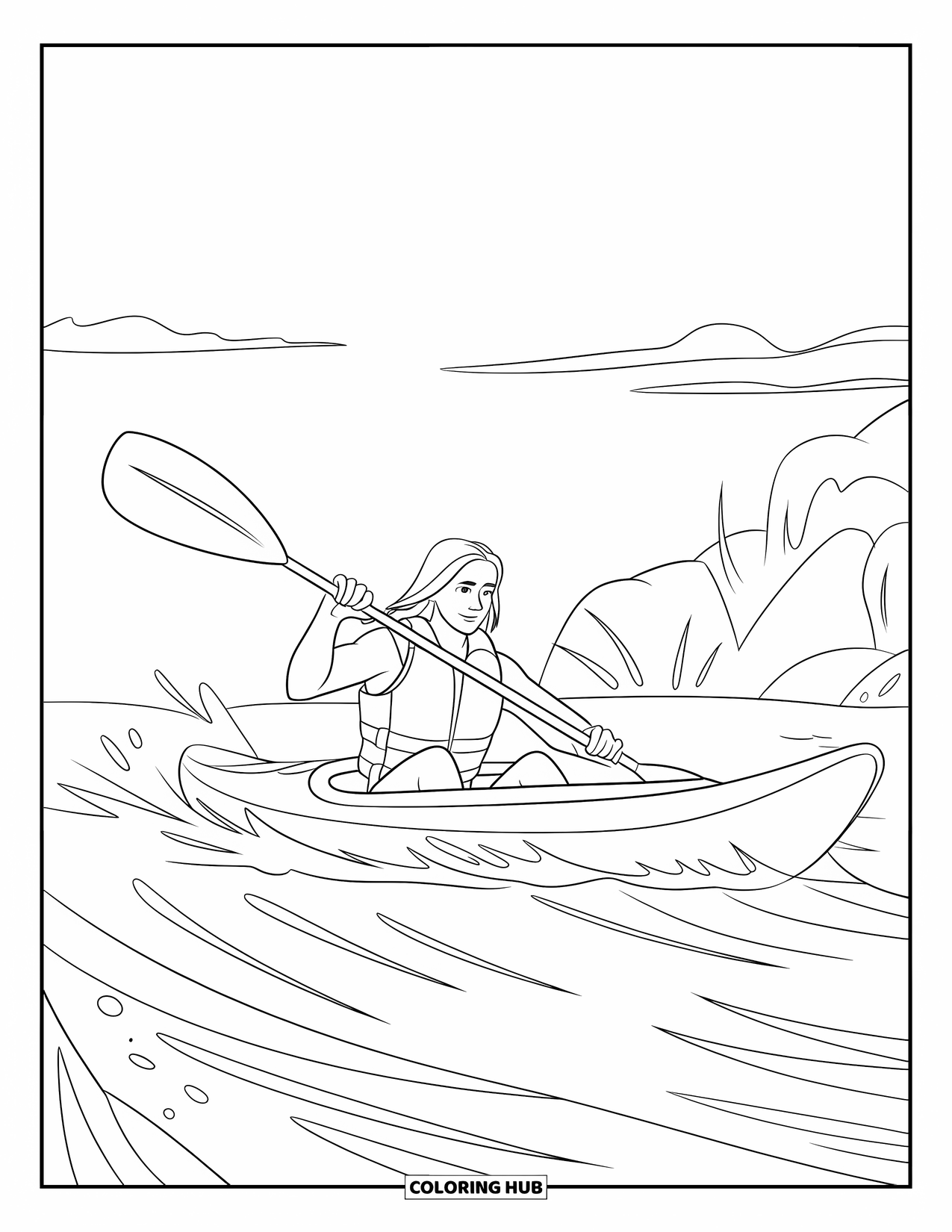 Sport Coloring Page for Kids: Kayaker rows near rocky shore under clear sky