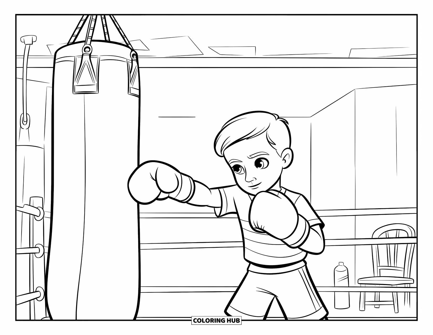 Sport Coloring Page for Kids: Kid boxer trains with gloves and bag in gym