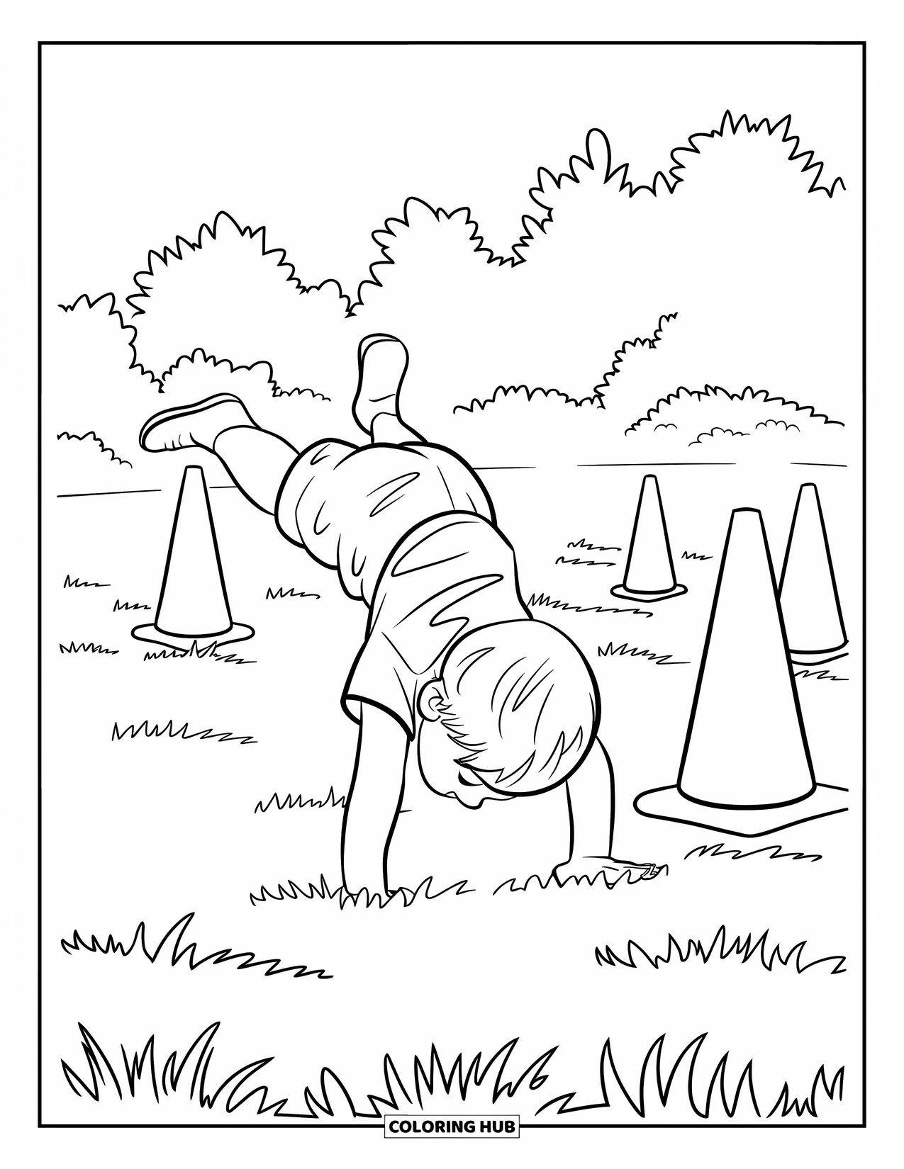 Sport Coloring Page for Kids: Kid cartwheels on grassy patch with cones nearby