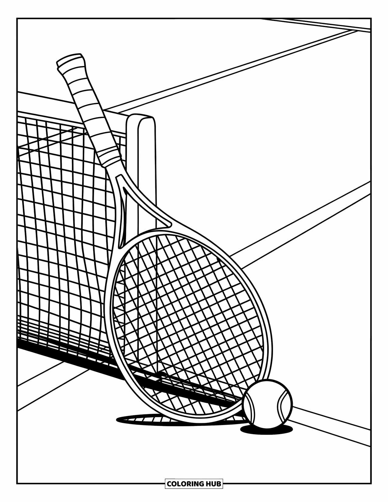 Sport Coloring Page for Kids: Racket and ball rest on tennis court baseline