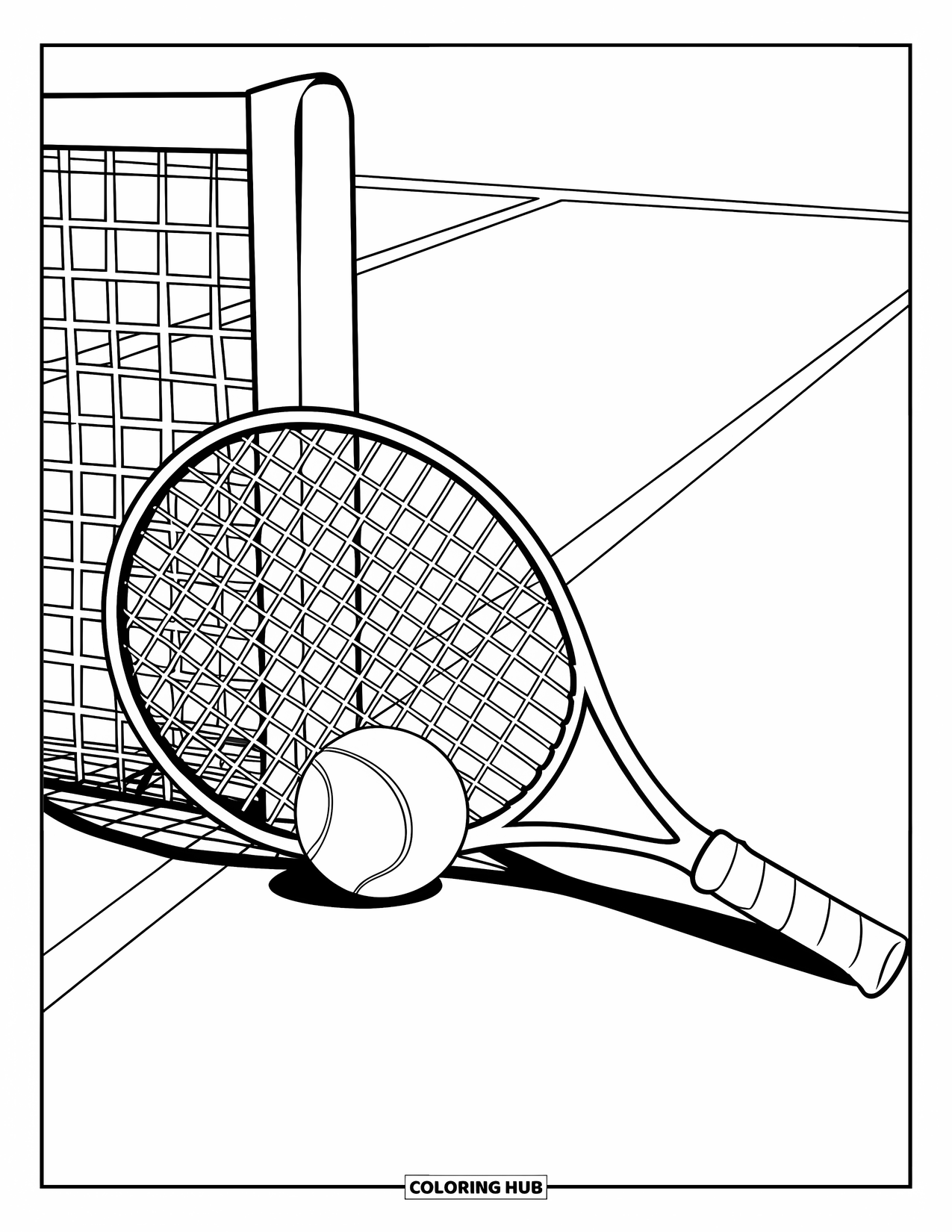 Sport Coloring Page for Kids: Racket leans against ball near tennis court line
