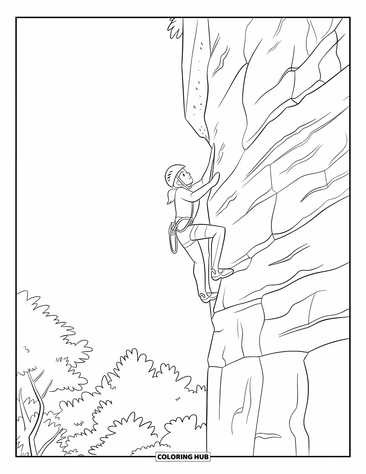 Sport Coloring Page for Kids: Rock climber nears the top of a steep cliff
