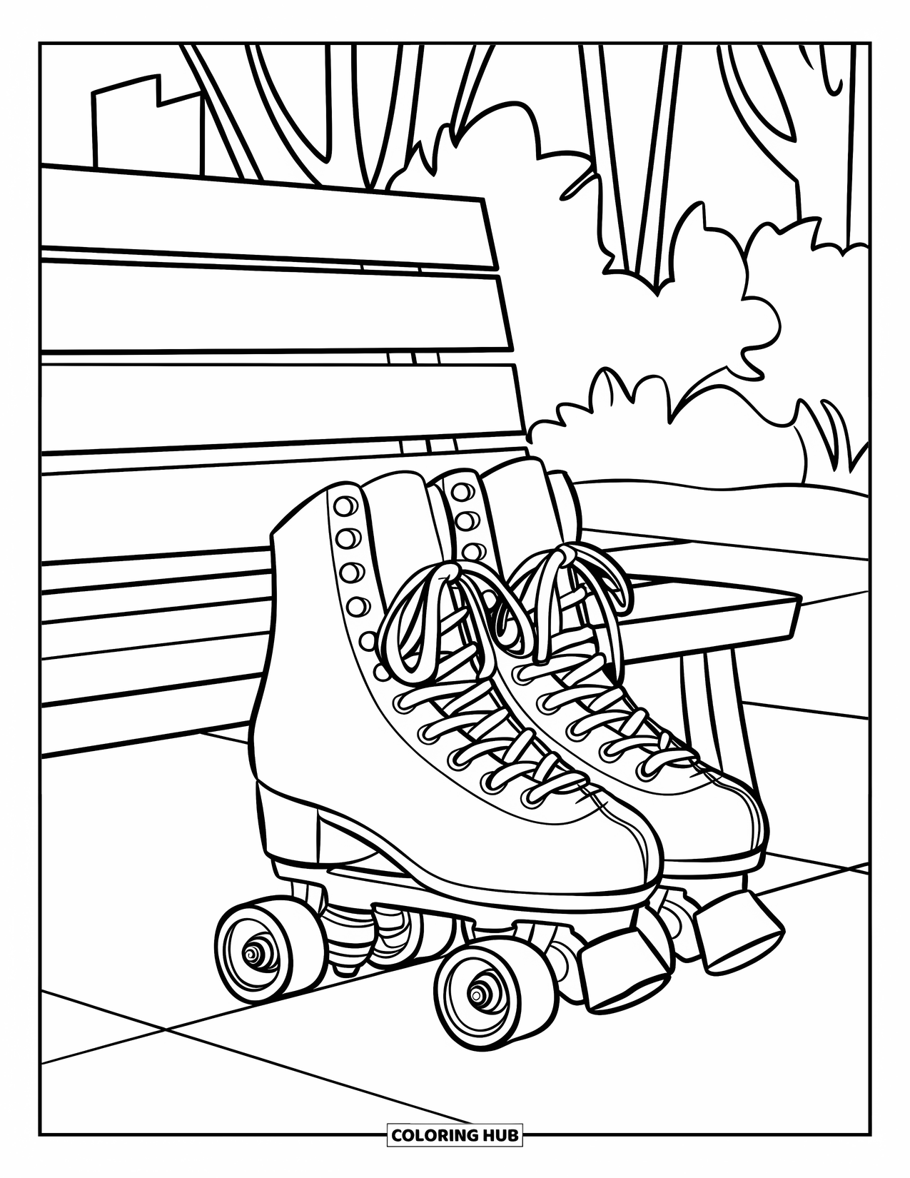 Sport Coloring Page for Kids: Roller skates are parked beside a park bench