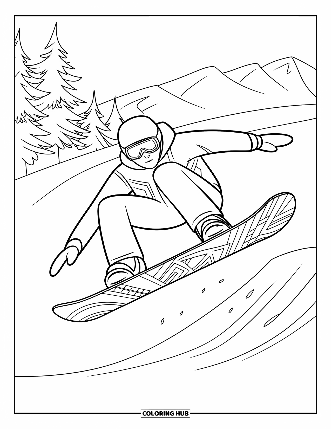 Sport Coloring Page for Kids: Snowboarder jumps high with patterned board and trees