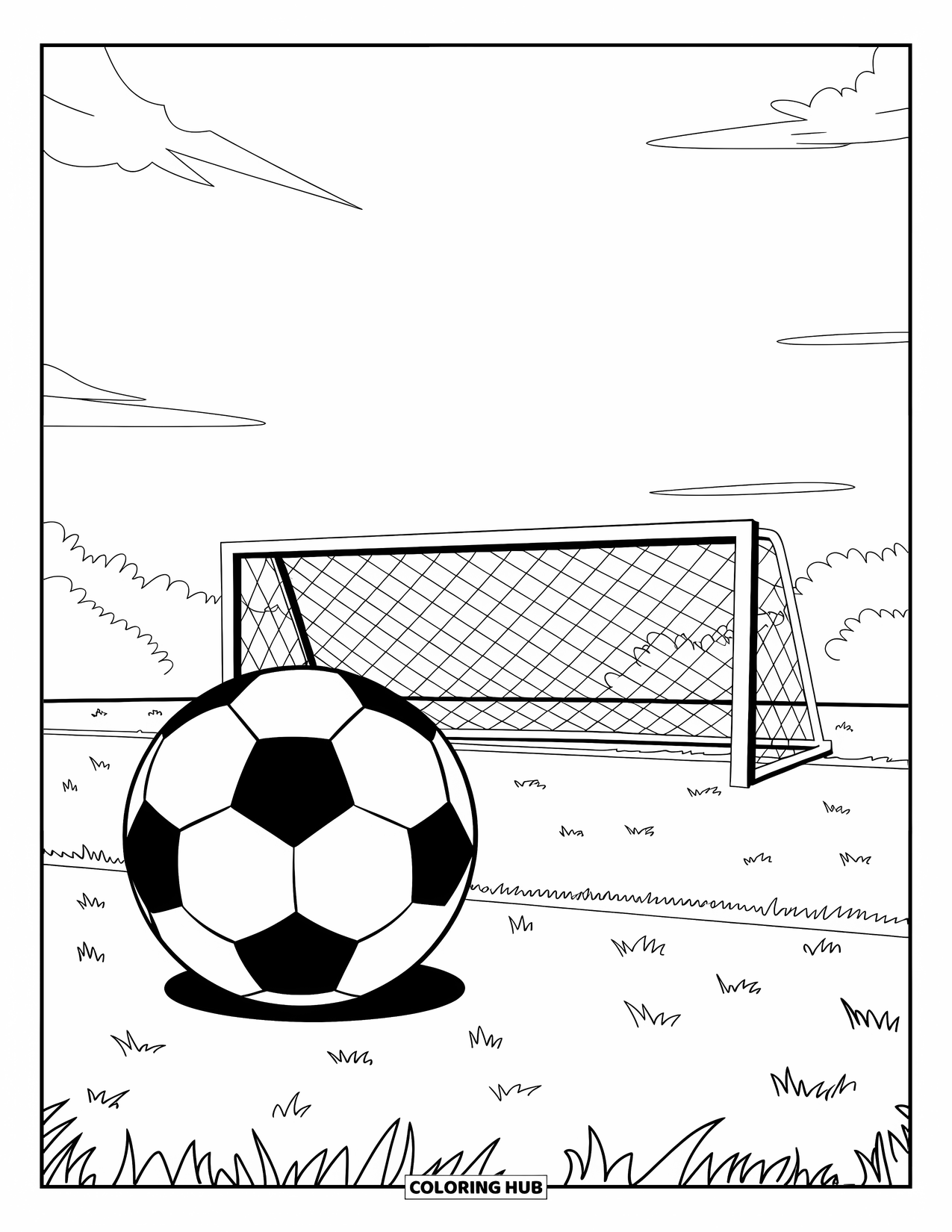 Sport Coloring Page for Kids: Soccer ball sits near goalpost on grassy field