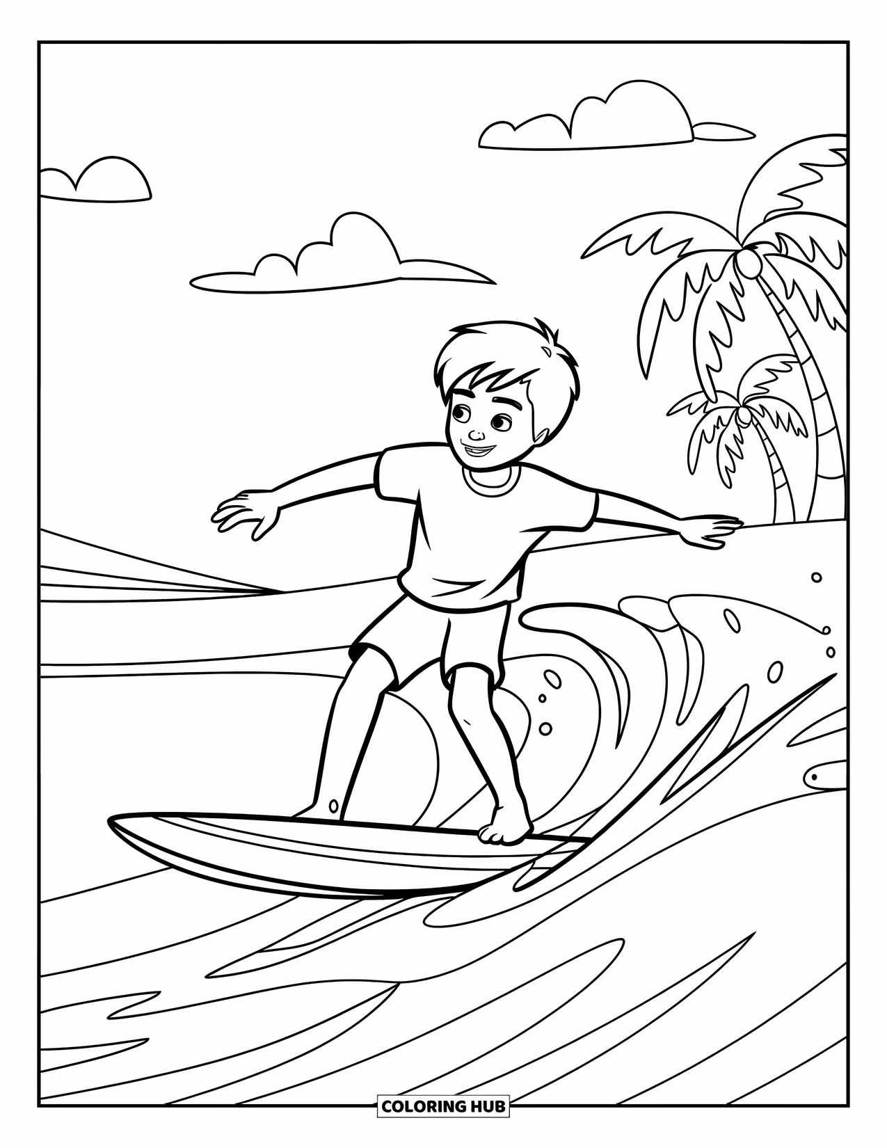 Sport Coloring Page for Kids: Surfer balances on board under sunny sky