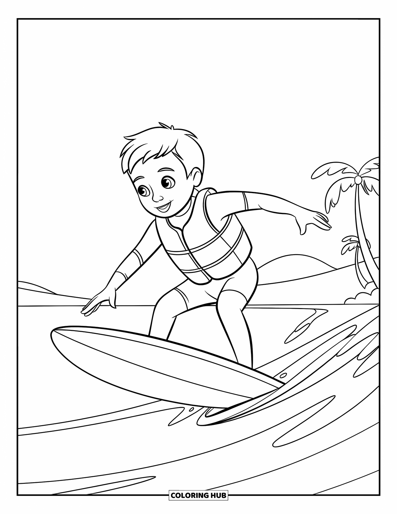 Sport Coloring Page for Kids: Surfer rides wave wearing wetsuit and vest