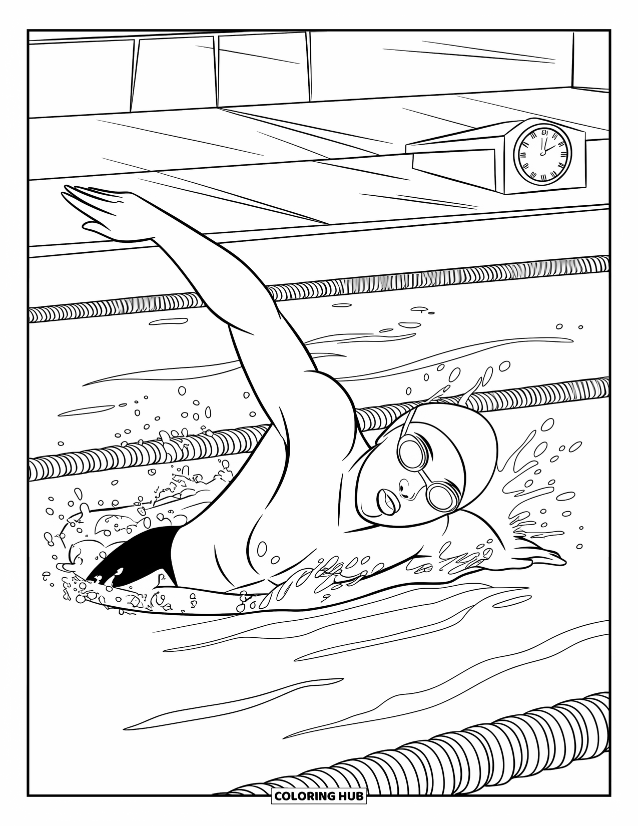 Sport Coloring Page for Kids: Swimmer races freestyle with splashing water droplets