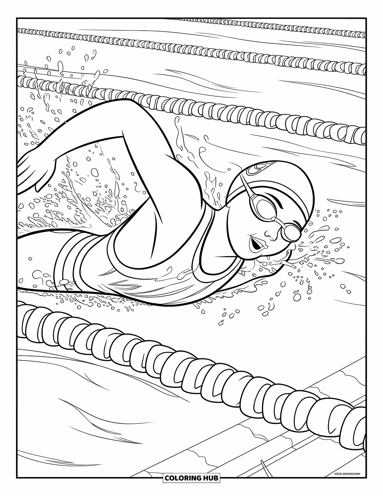 Sport Coloring Page for Kids: Swimmer speeds through pool lanes in freestyle race