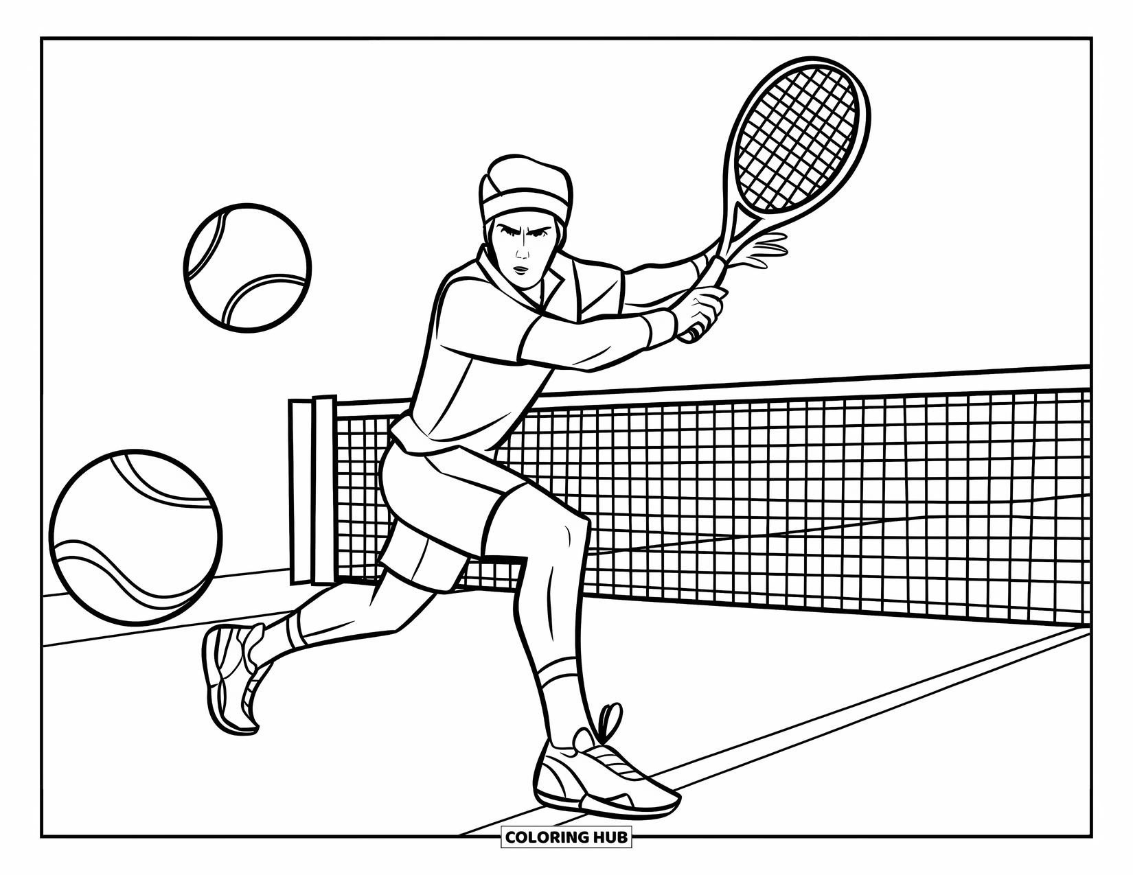 Sport Coloring Page for Kids: Tennis player lunges forward for a backhand shot