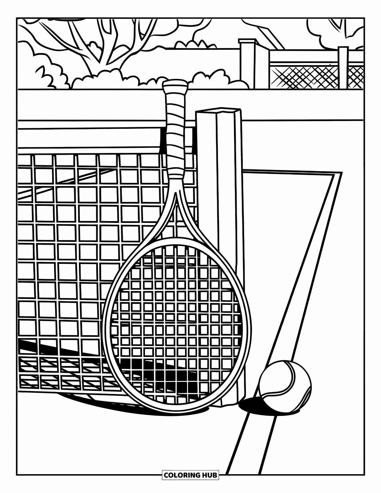 Sport Coloring Page for Kids: Tennis racket and ball on a court near fence