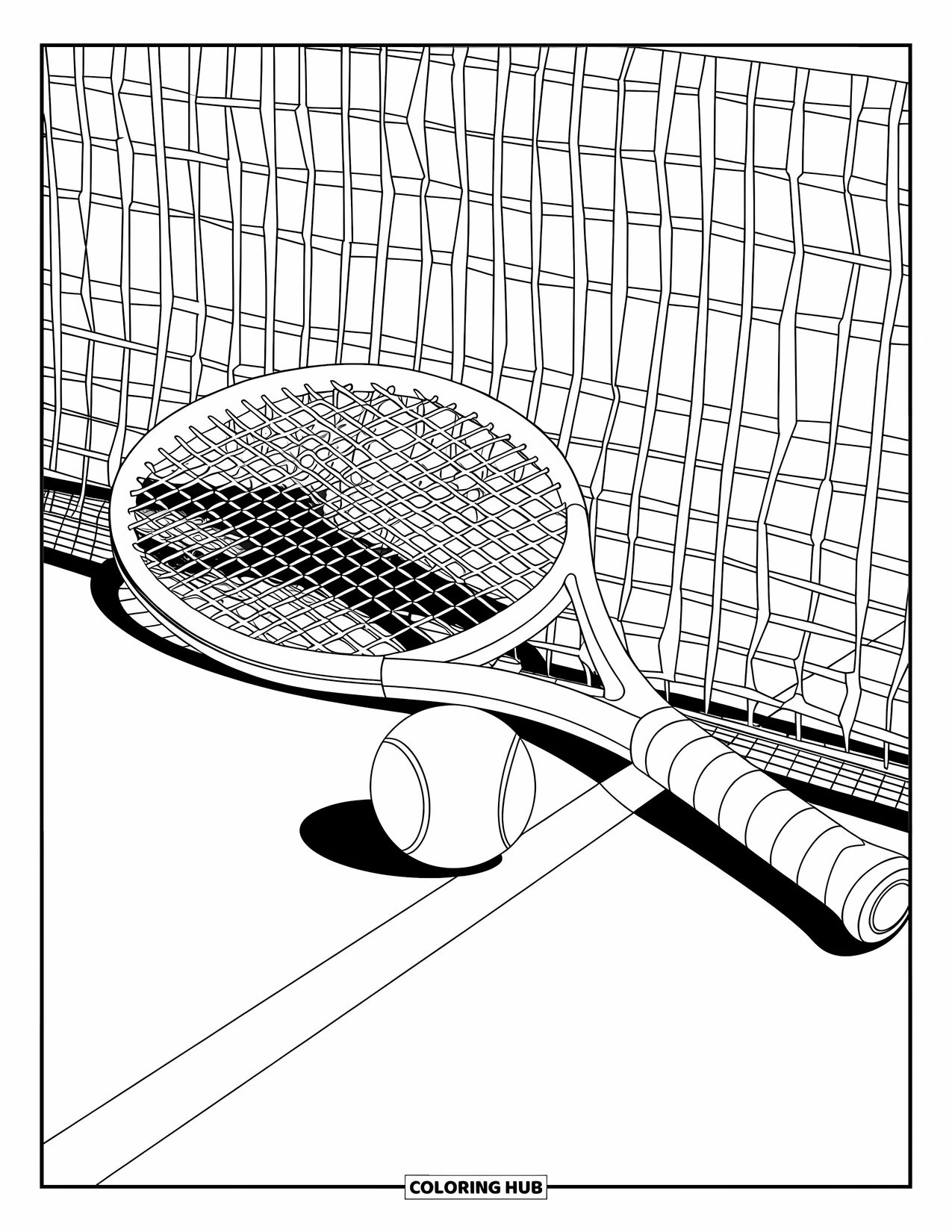 Sport Coloring Page for Kids: Tennis racket and ball sit on court line
