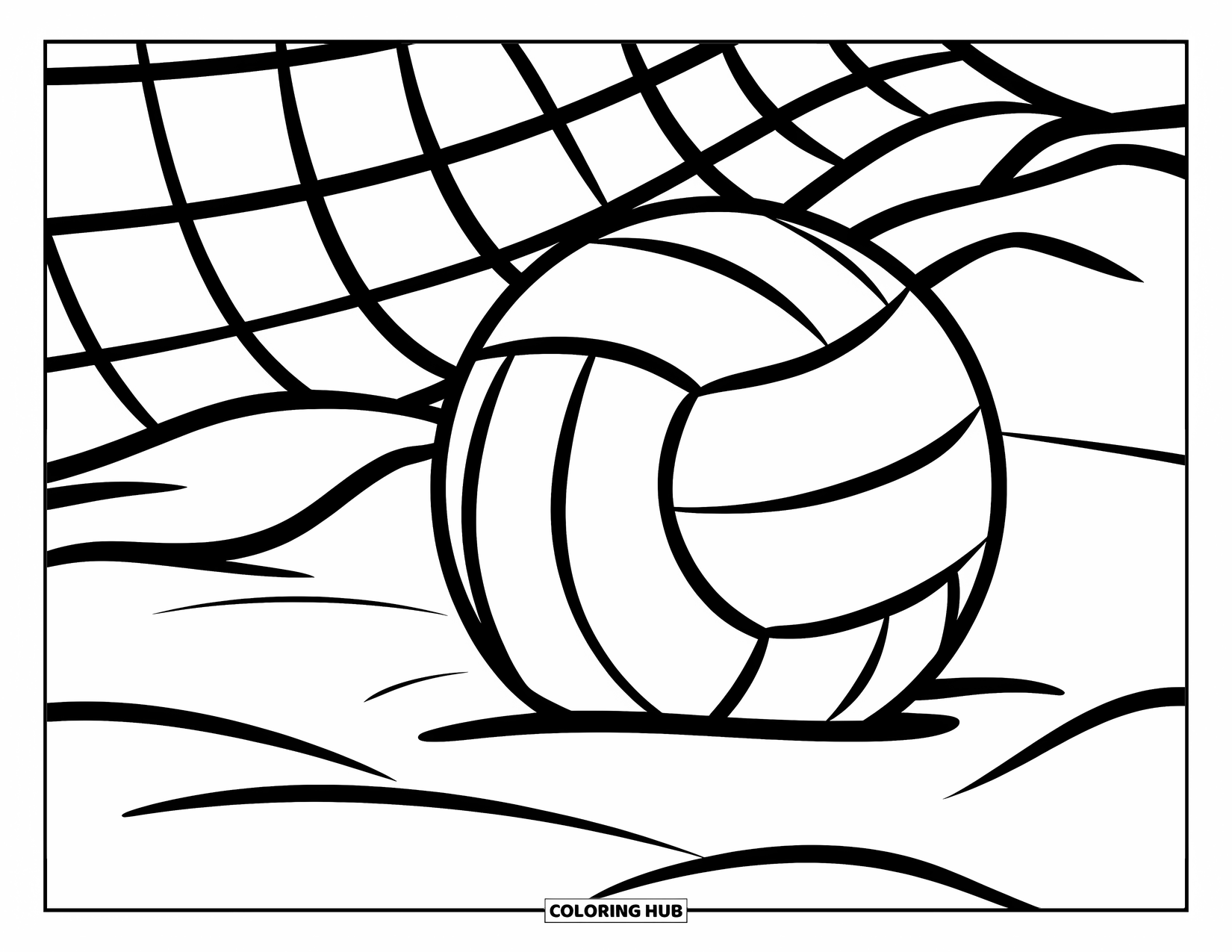 Sport Coloring Page for Kids: Volleyball on sand with net in the background