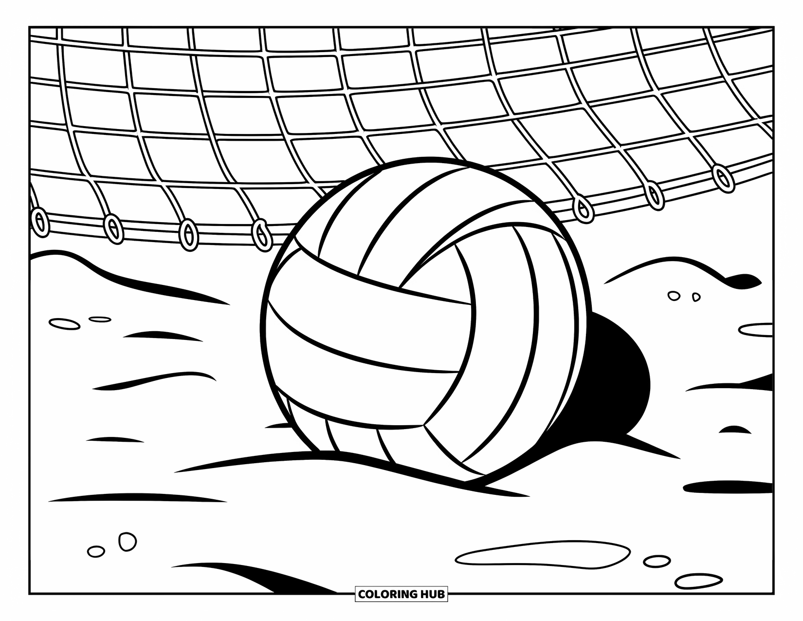 Sport Coloring Page for Kids: Volleyball rests on sand with net above