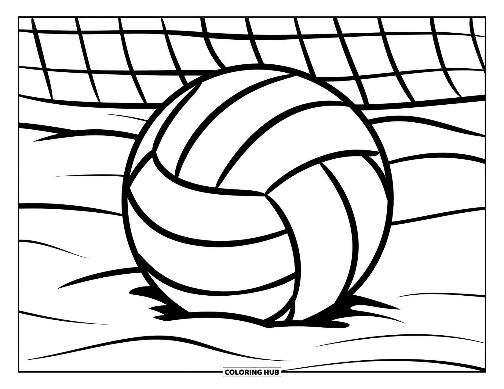 Sport Coloring Page for Kids: Volleyball sits on soft sand with net behind
