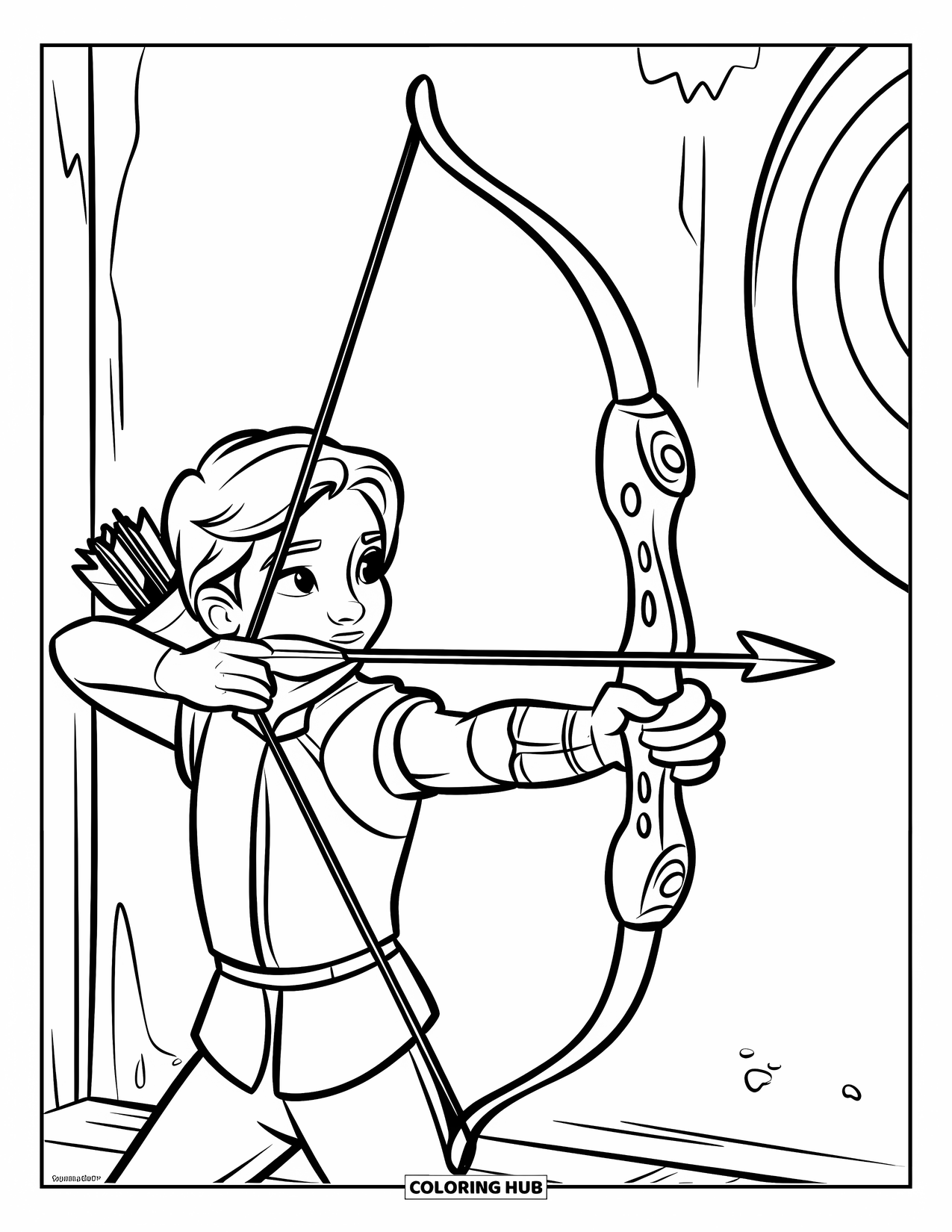 Sport Coloring Page for Kids: Young archer draws bow toward a target with focus