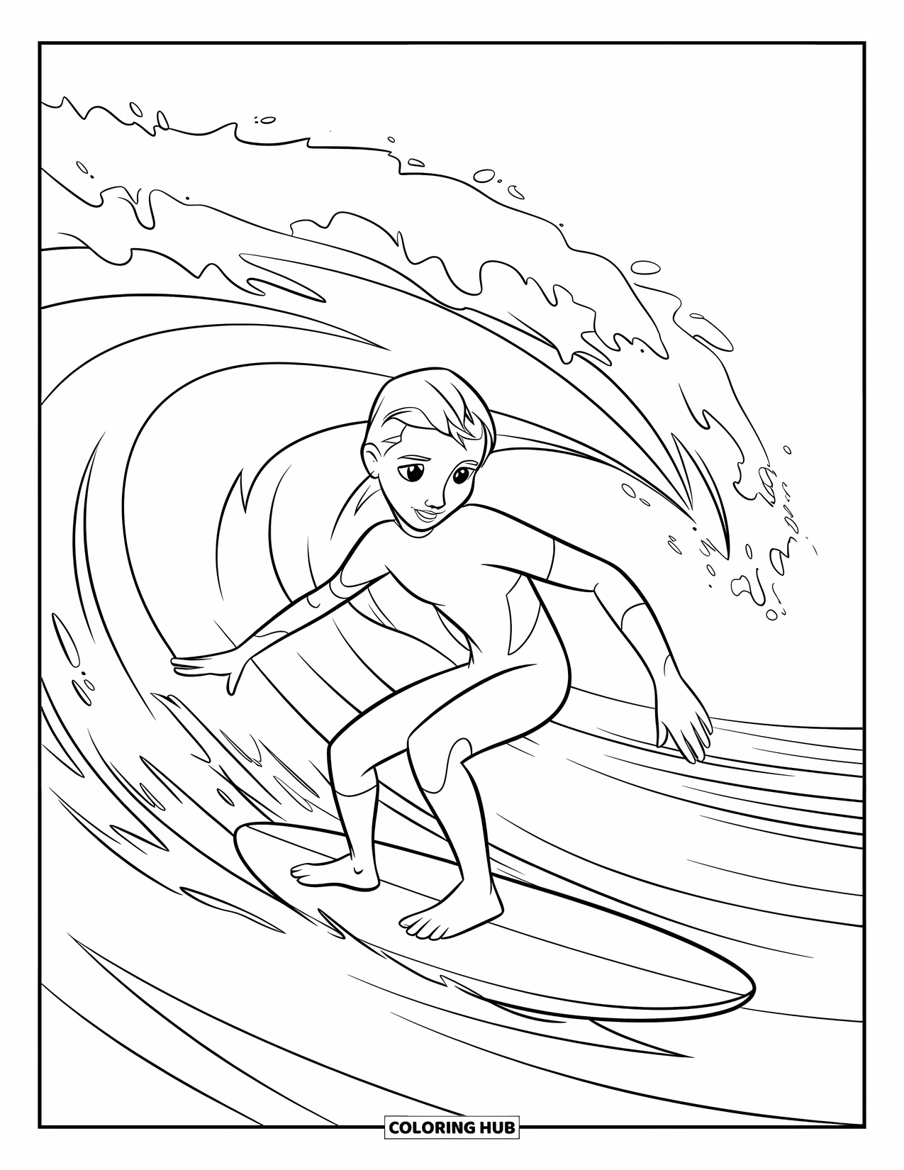 Sport Coloring Page for Kids: Young surfer rides a small ocean wave