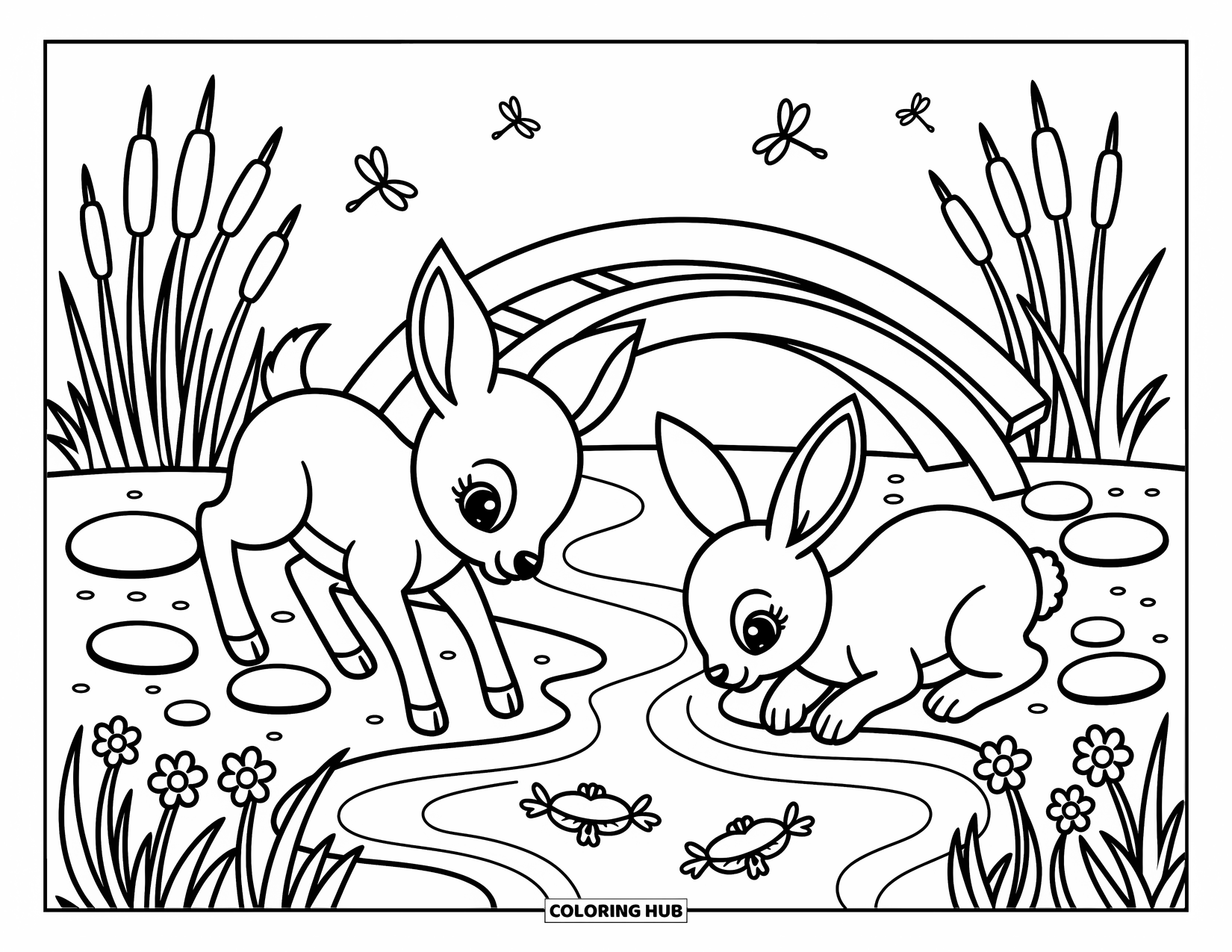 Spring Animal Coloring Page for Adults: A bunny and fawn watch tadpoles near a bridge and buzzing dragonflies
