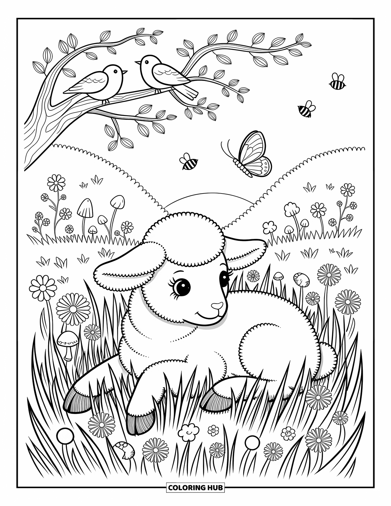 Spring Animal Coloring Page for Adults: A lamb rests in spring grass, watching a butterfly with bees and birds nearby