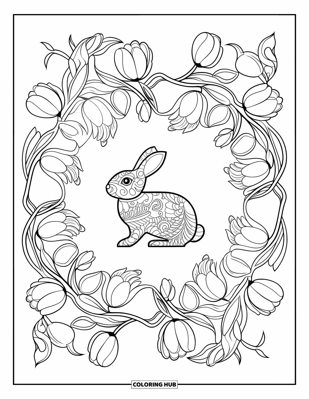 Spring Animal Coloring Page for Adults: Bunny surrounded by tulips and vines in a floral mandala full of fine detail