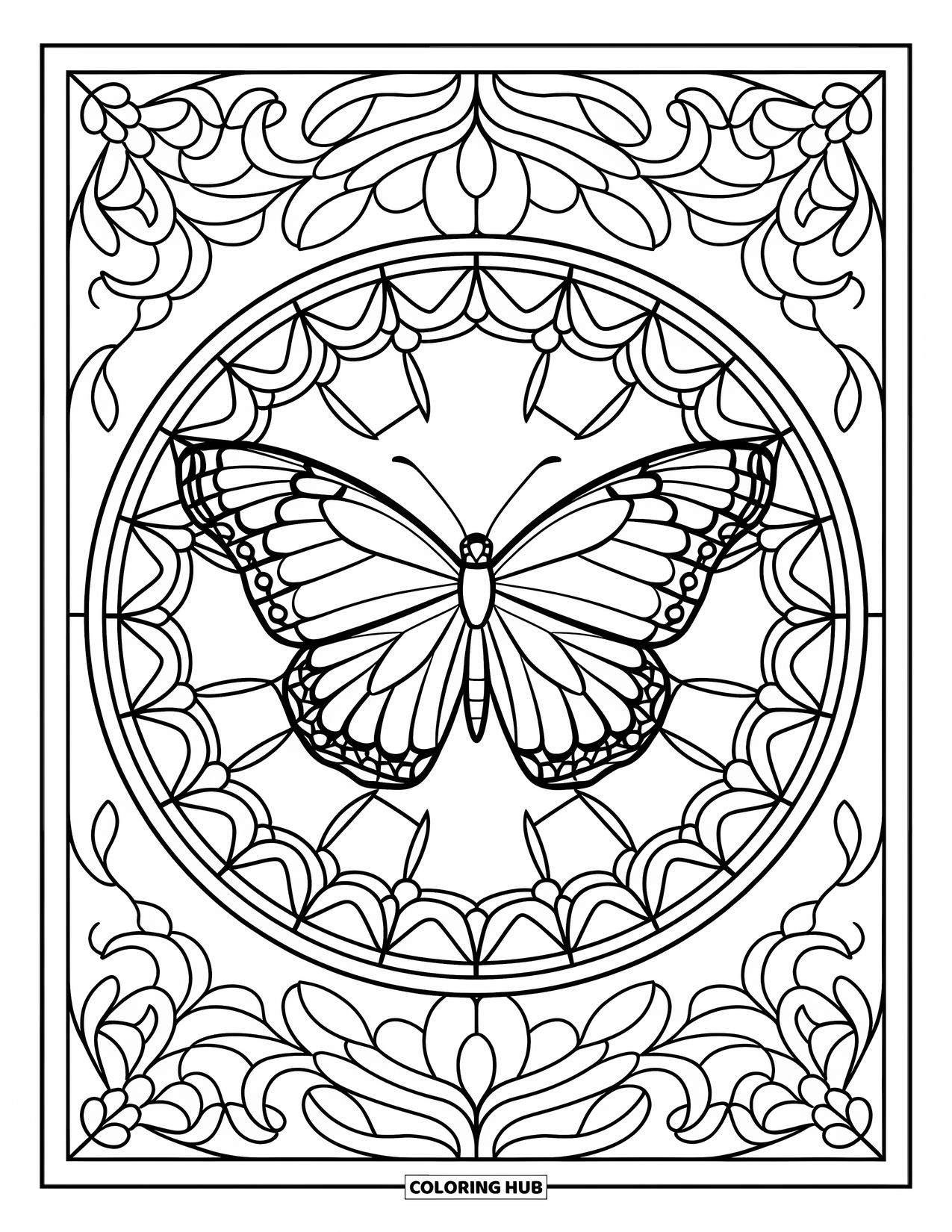 Spring Animal Coloring Page for Adults: Butterfly framed by stained glass flowers and swirling patterns on a decorative border