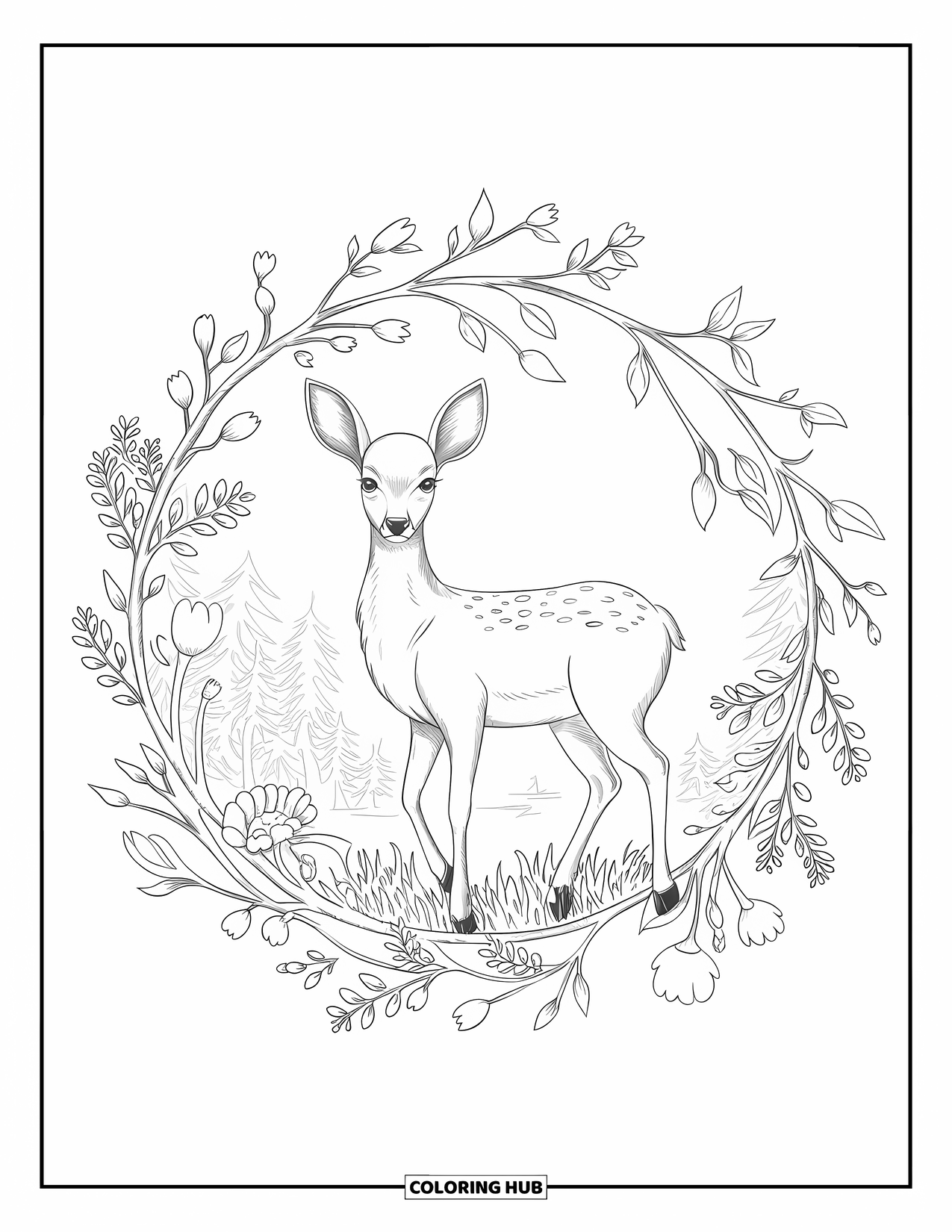 Spring Animal Coloring Page for Adults: Deer with a gentle expression stands in a forest mandala of flowers and leaves