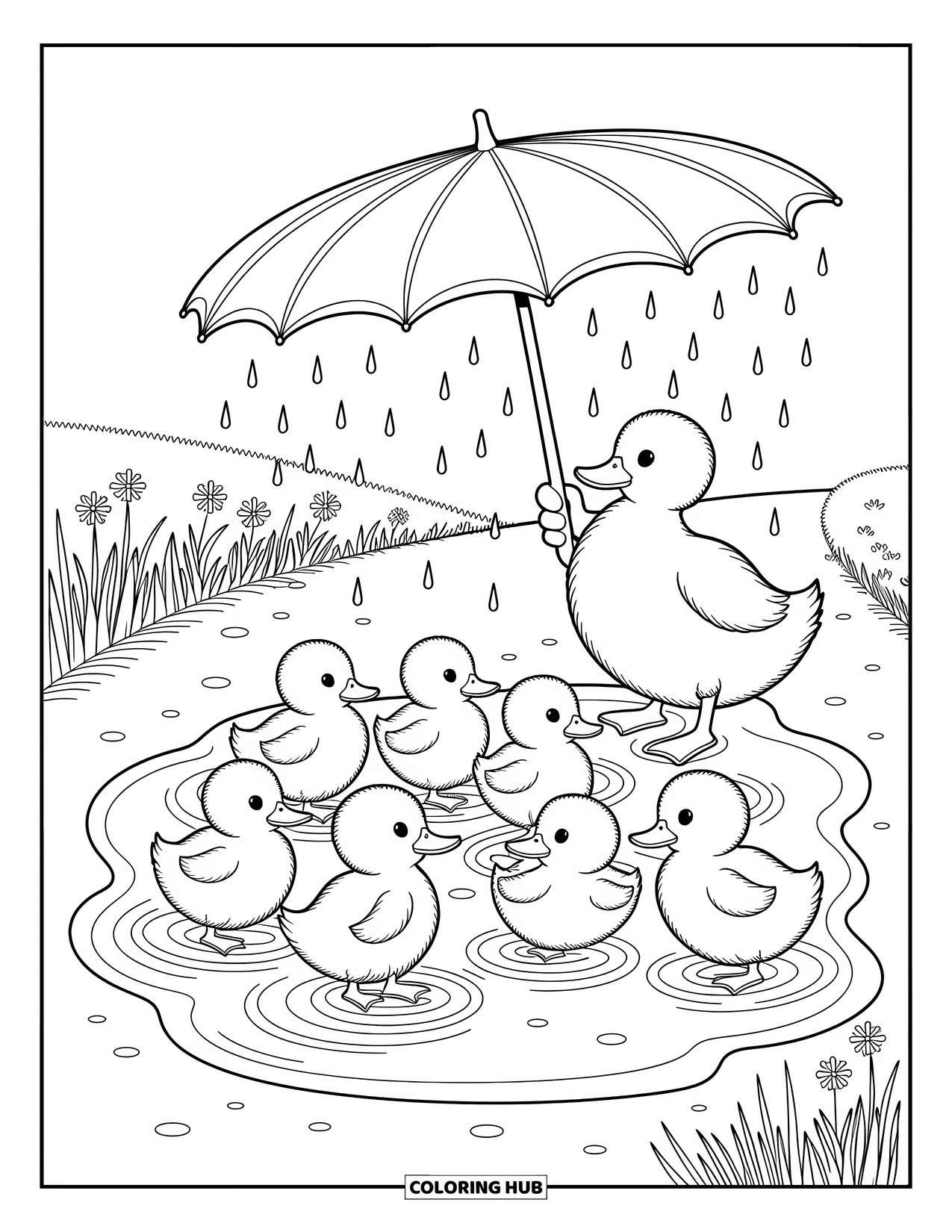 Spring Animal Coloring Page for Adults: Ducklings splash in a puddle while a tall duck holds a leafy umbrella