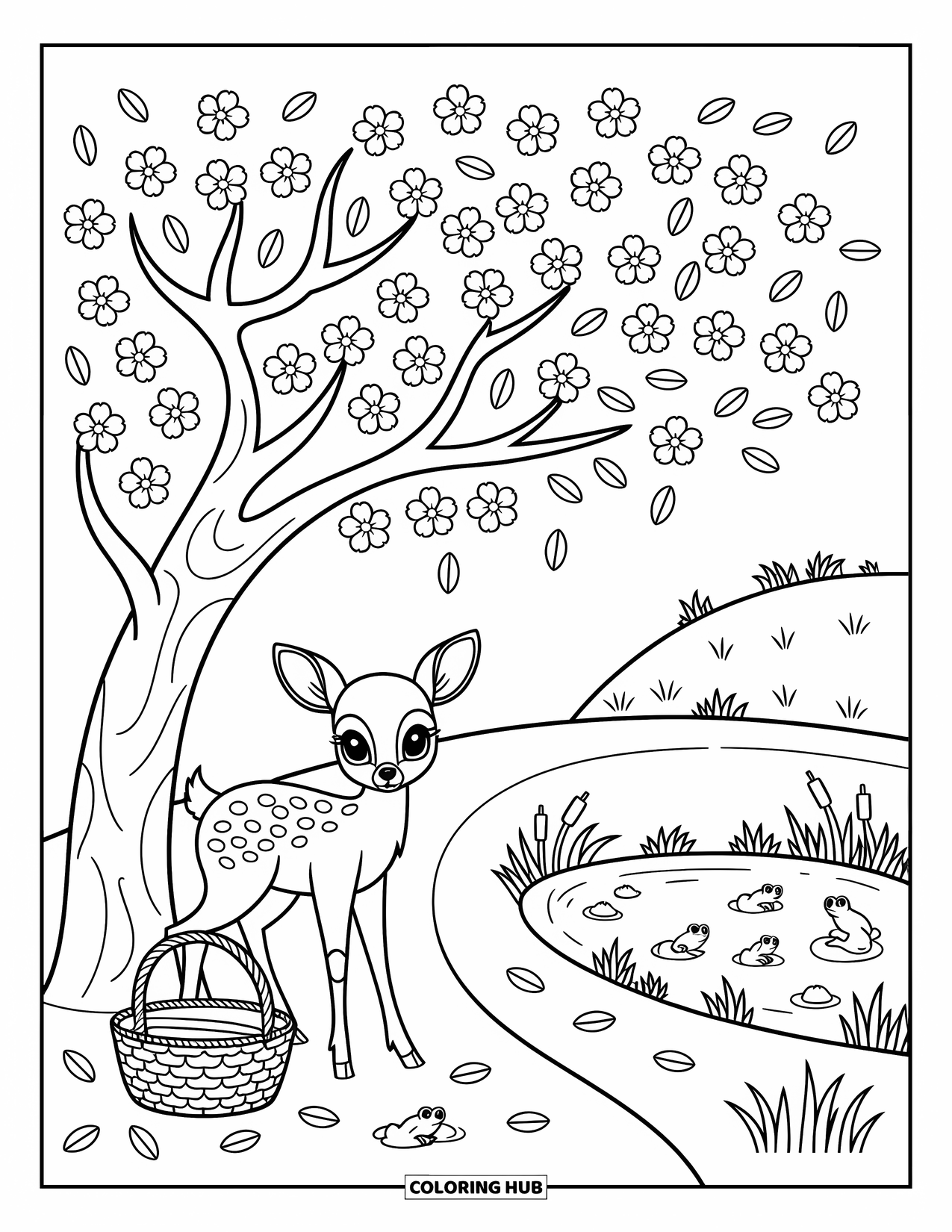 Spring Animal Coloring Page for Adults: Fawn stands near swirling petals, a winding path, and a peaceful spring pond