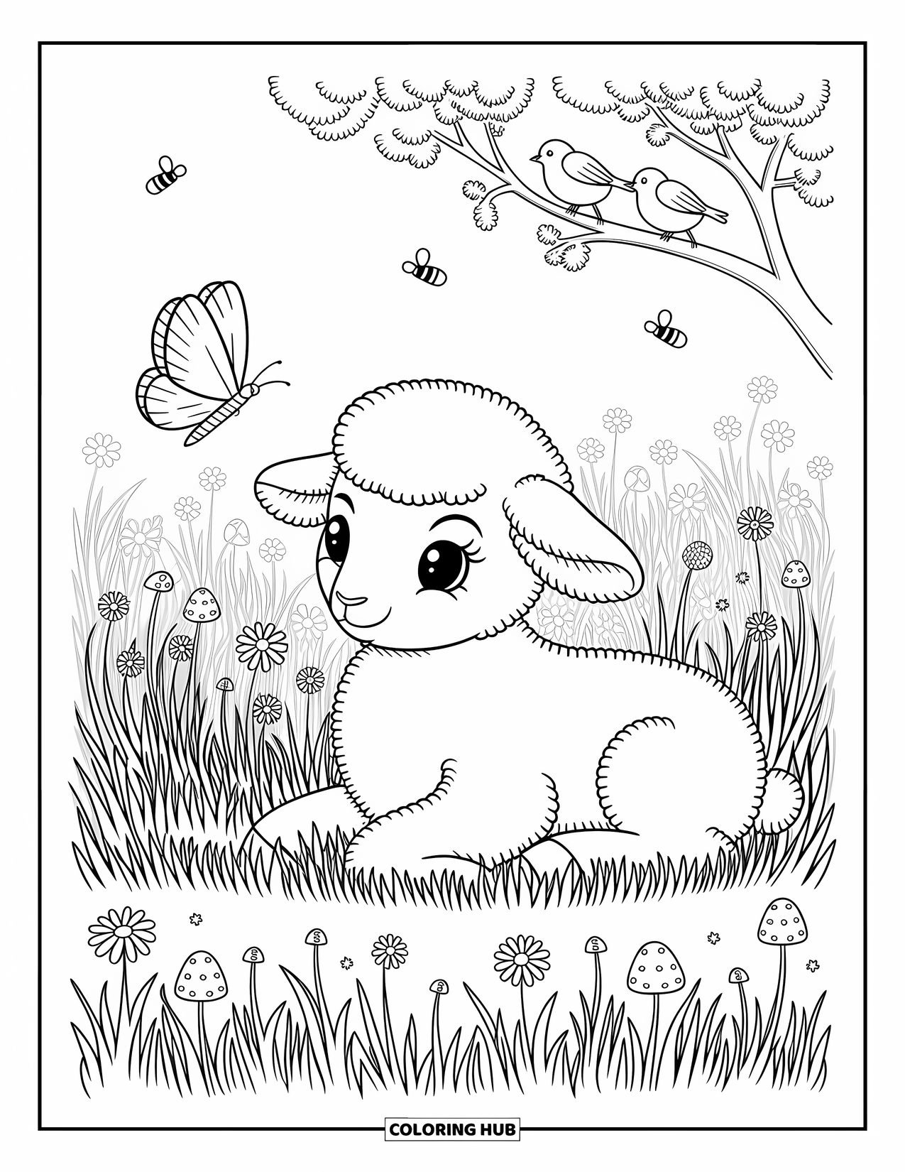 Spring Animal Coloring Page for Adults: Fluffy lamb watches a butterfly surrounded by tall grass, mushrooms, and flowers