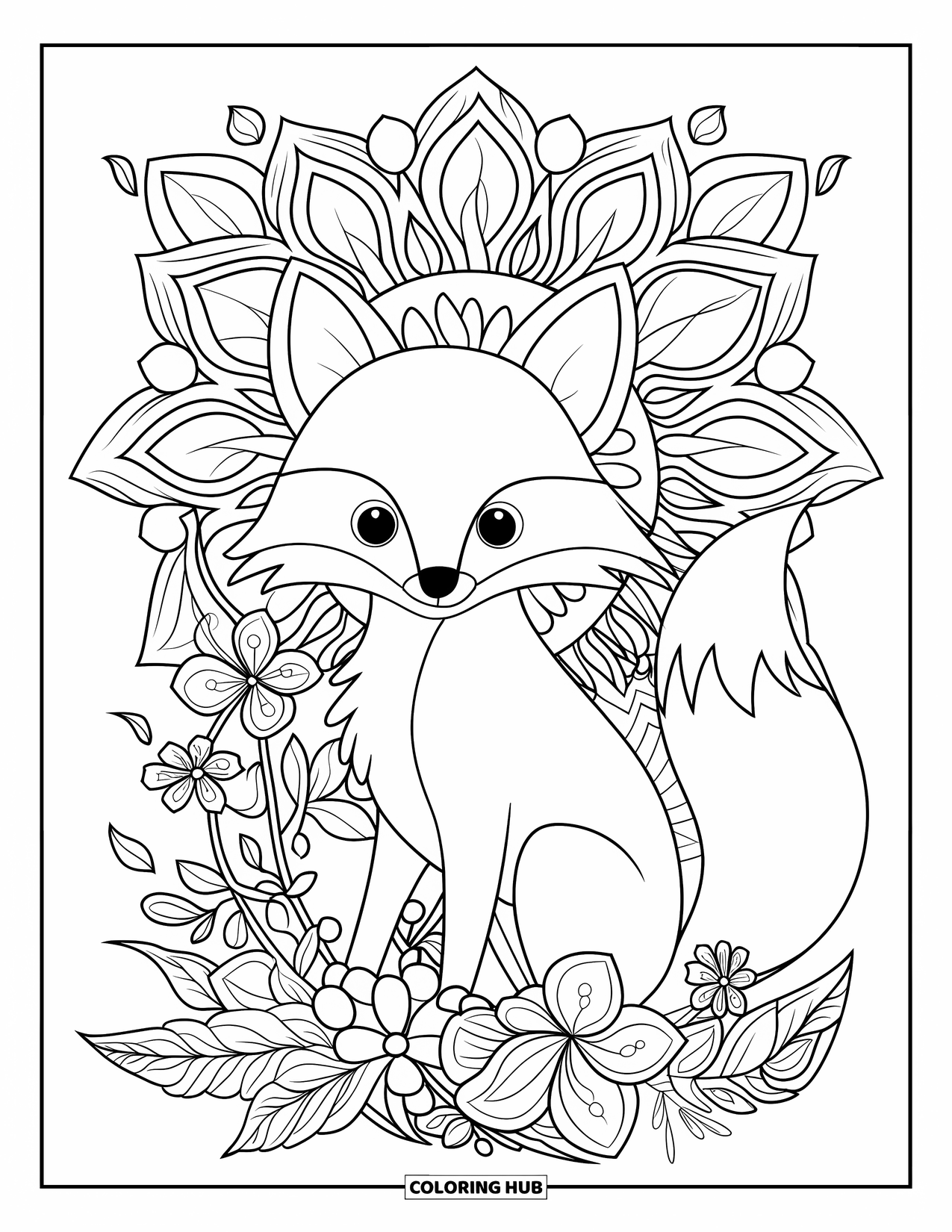 Spring Animal Coloring Page for Adults: Fox rests in a leafy mandala filled with blossoms, vines, and swirling designs