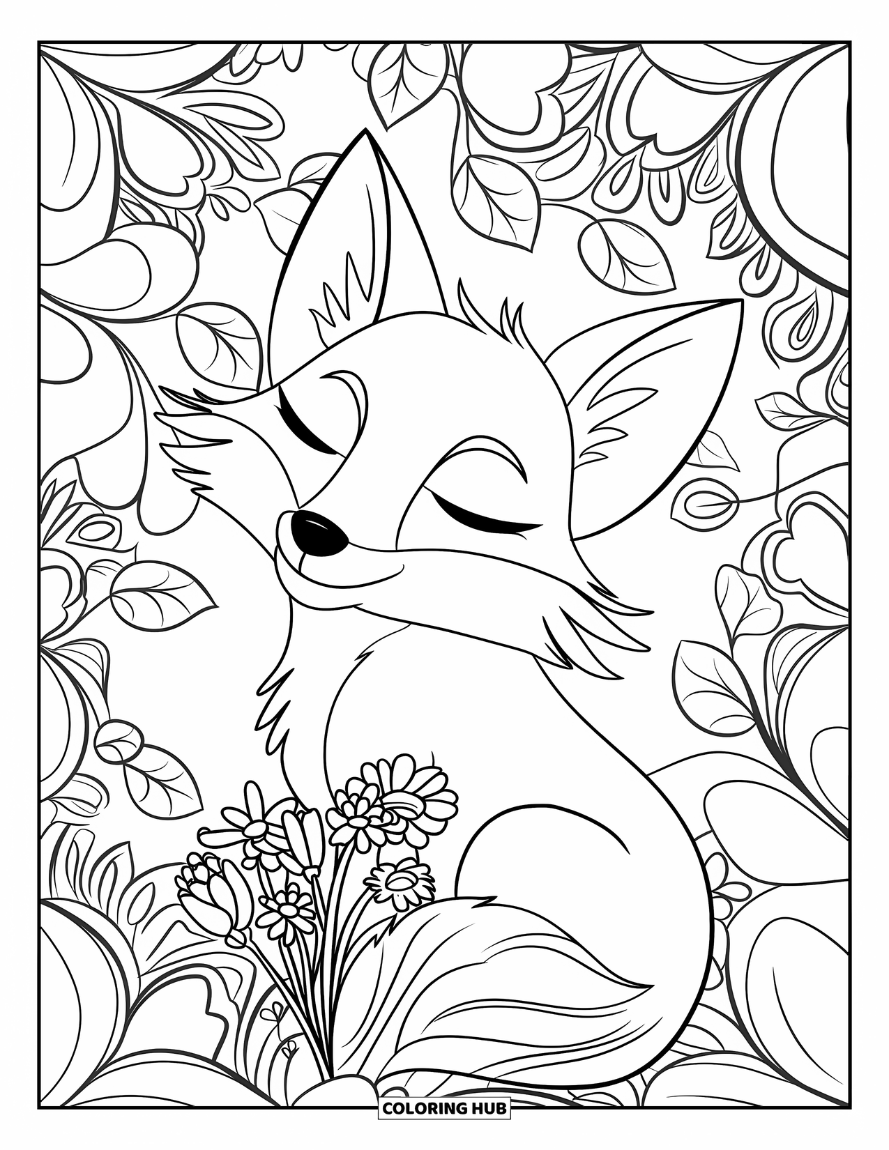 Spring Animal Coloring Page for Adults: Fox with tilted head holds flowers inside a blossom-filled mandala pattern