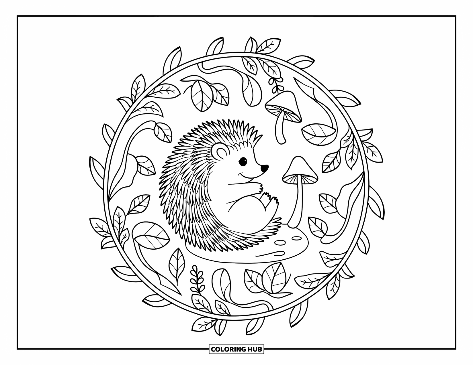 Spring Animal Coloring Page for Adults: Hedgehog rests on a stone within a mandala of mushrooms, leaves, and vines