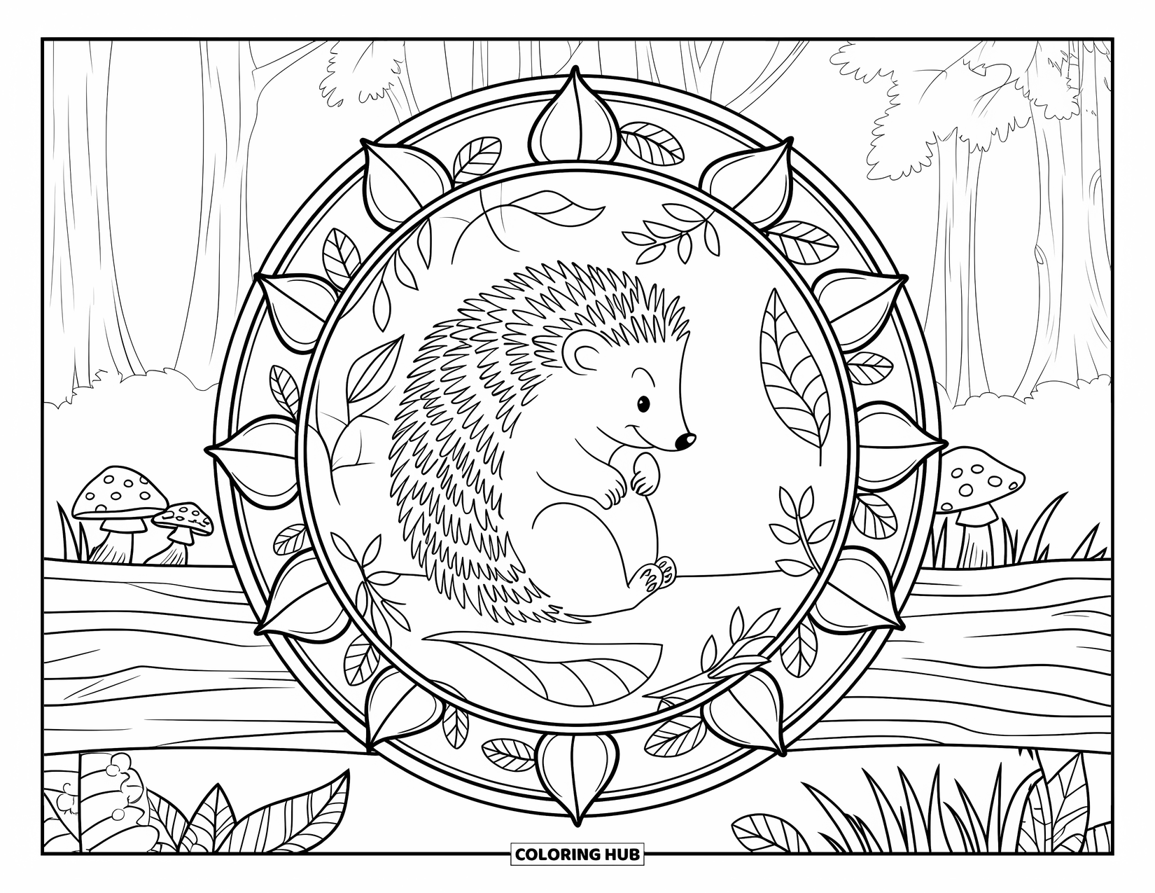 Spring Animal Coloring Page for Adults: Hedgehog sits on a log inside a leafy mandala with forest trees behind