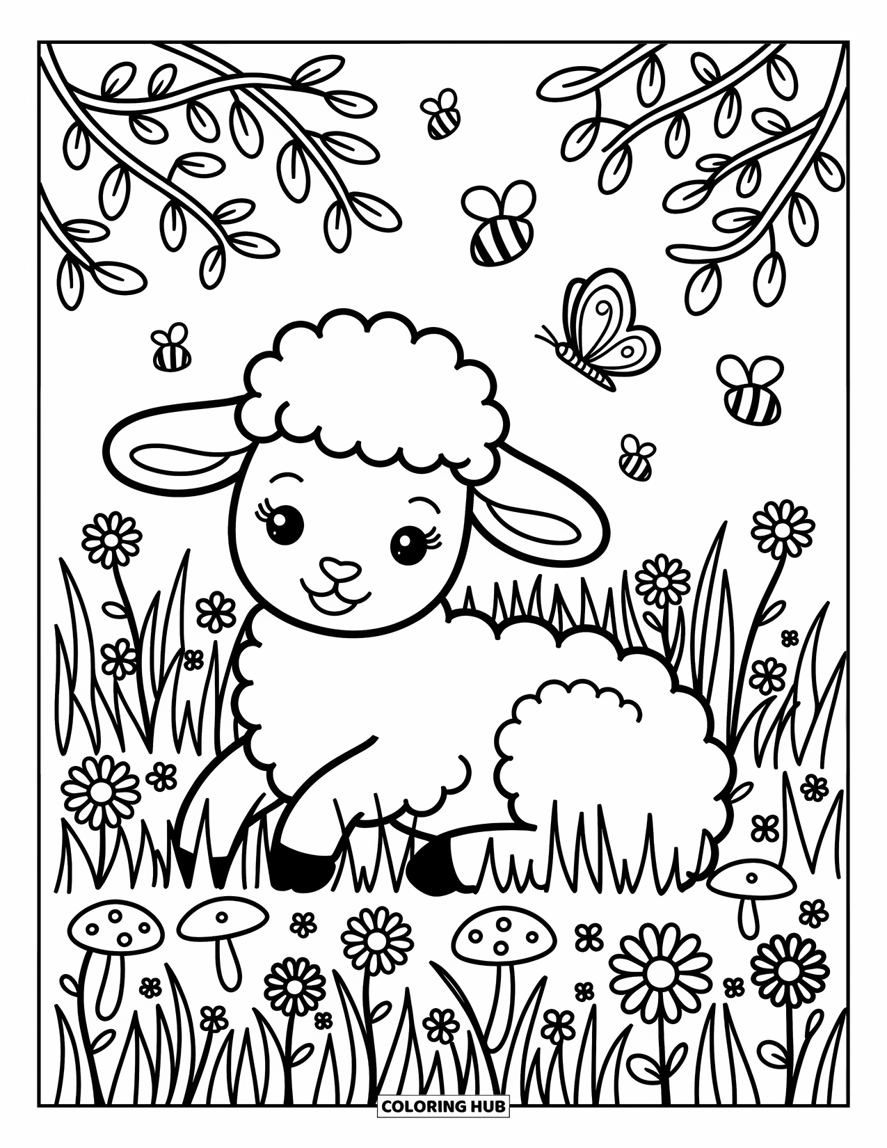 Spring Animal Coloring Page for Adults: Lamb lies among wildflowers, gazing at a butterfly in golden spring sunlight