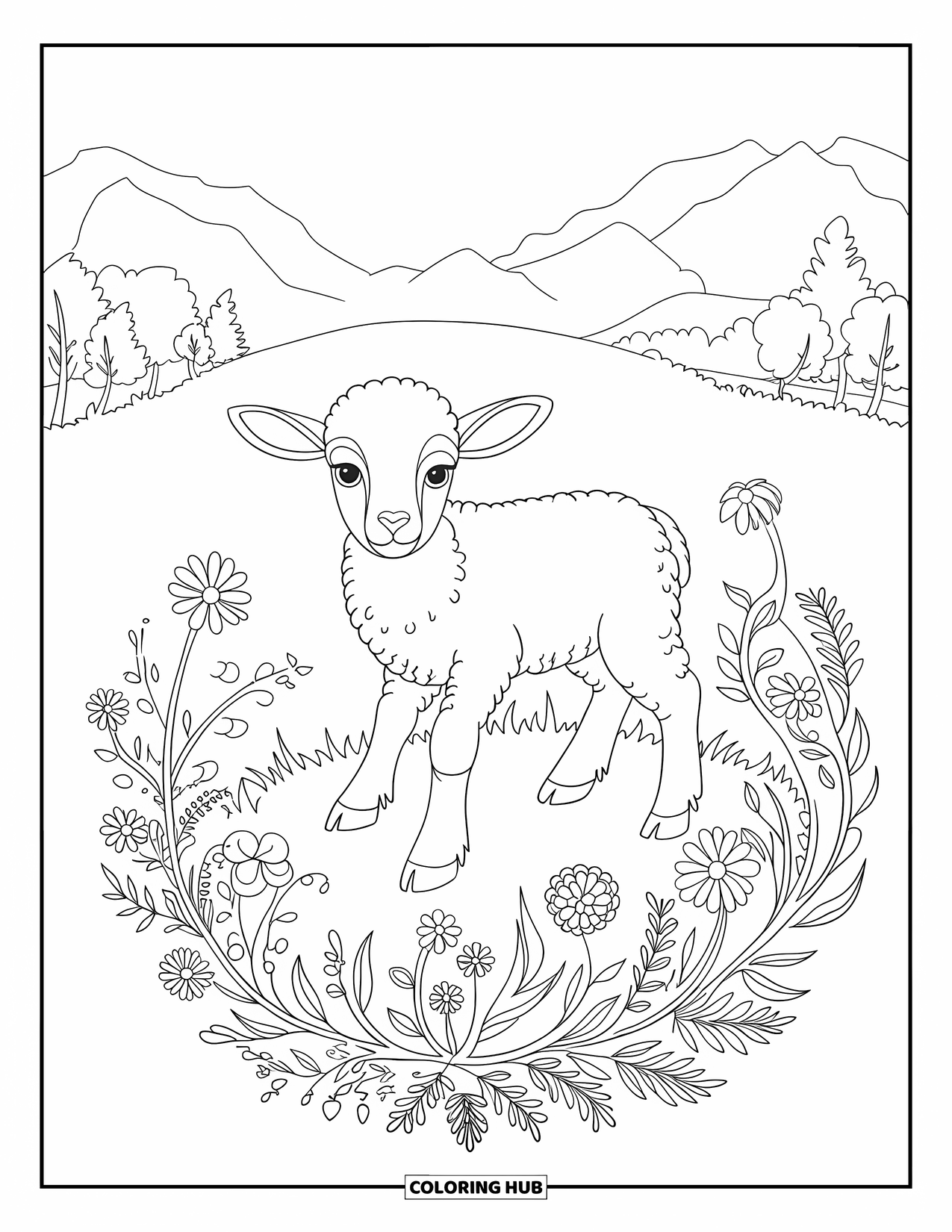 Spring Animal Coloring Page for Adults: Lamb stands on a grassy field surrounded by a mandala of spring wildflowers