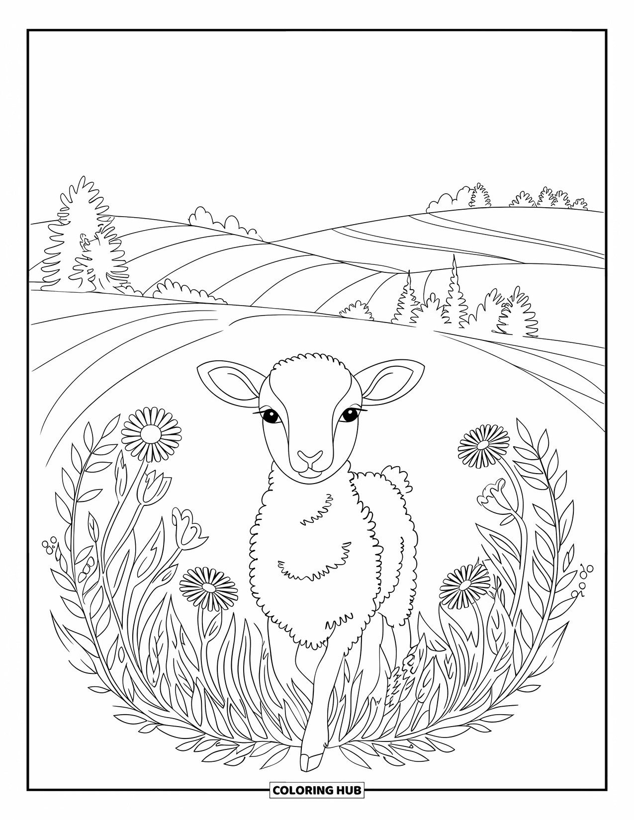 Spring Animal Coloring Page for Adults: Lamb surrounded by a mandala of spring flowers under a clear sky and hills