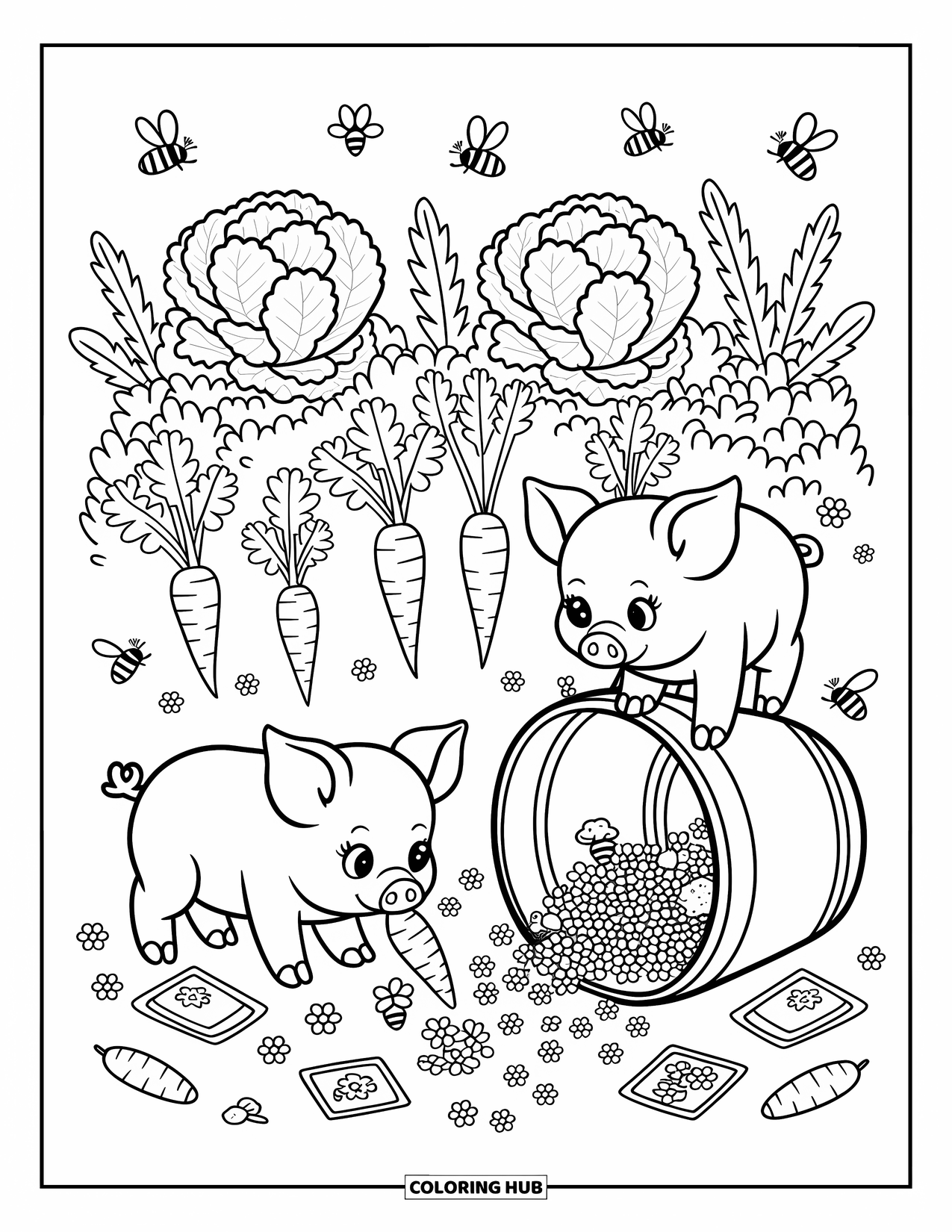 Spring Animal Coloring Page for Adults: Piglets sniff carrots and sit beside a bucket of flowers in the spring garden