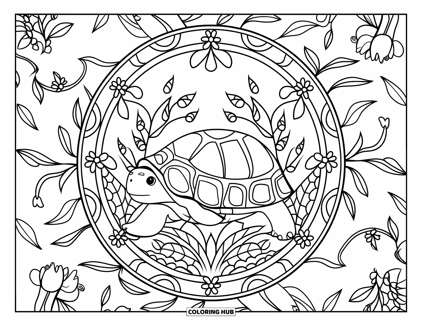 Spring Animal Coloring Page for Adults: Spring turtle sits within a floral mandala surrounded by leaves and garden patterns