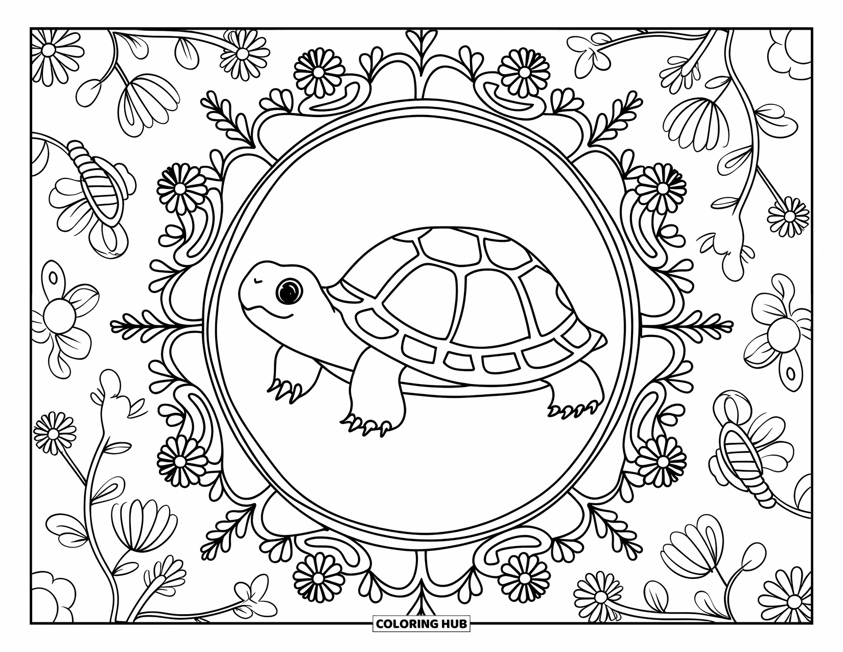Spring Animal Coloring Page for Adults: Turtle in a flower-filled mandala with bees, butterflies, and garden elements all around