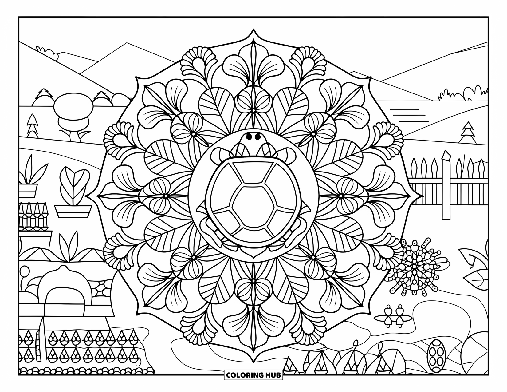 Spring Animal Coloring Page for Adults: Turtle rests in the center of a leafy mandala with flowers and garden details