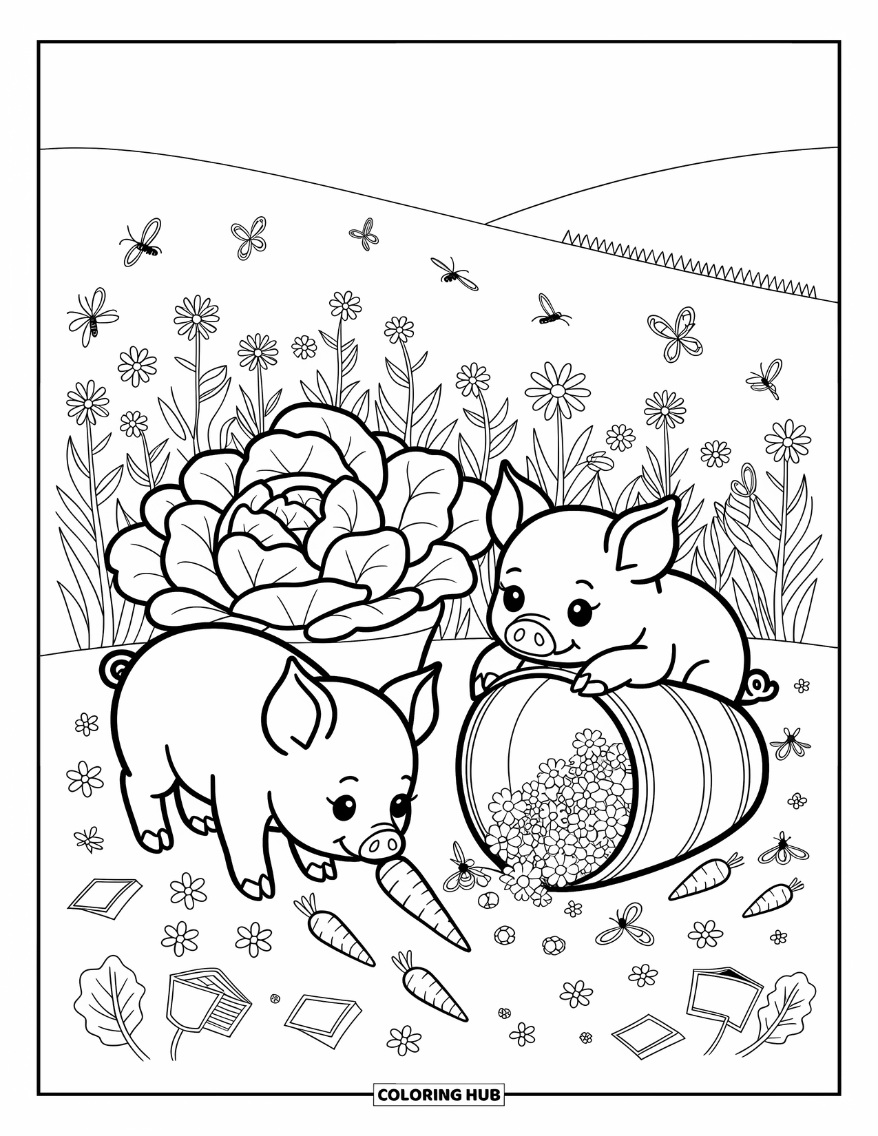 Spring Animal Coloring Page for Adults: Two piglets play near vegetables, seed packets, and butterflies in a cozy garden
