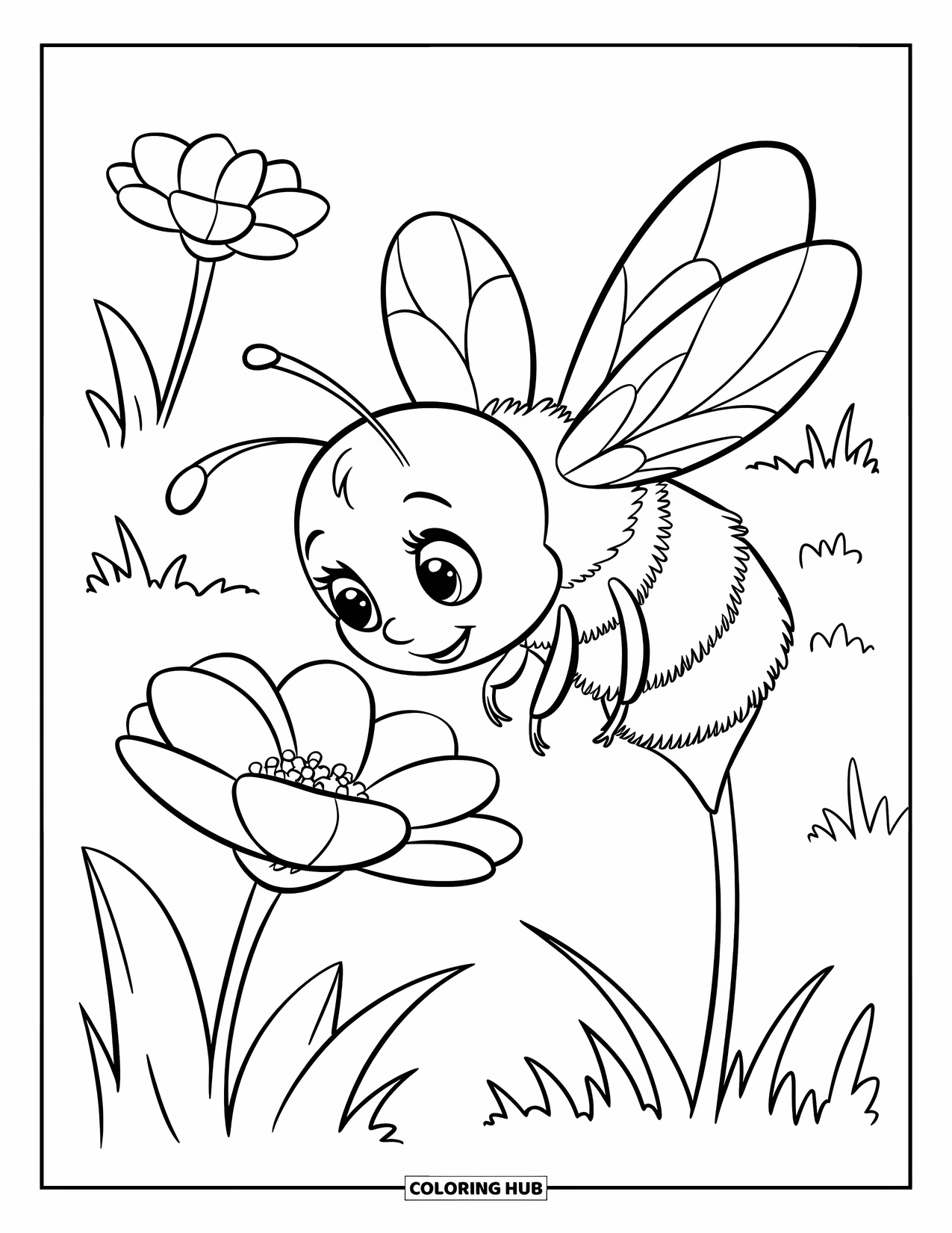 Spring Animal Coloring Page for Kids: Baby bee buzzes near a spring flower in a field of blossoms