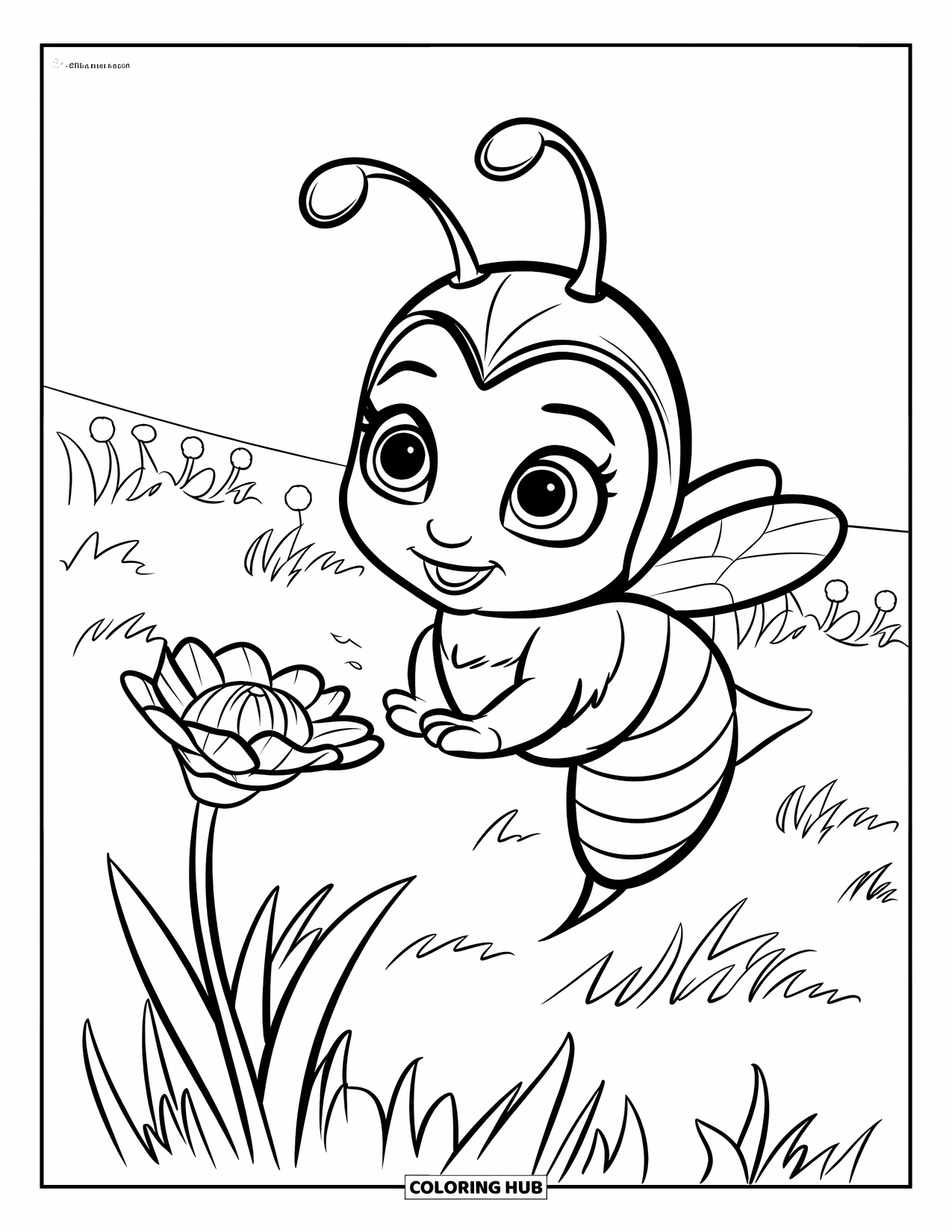 Spring Animal Coloring Page for Kids: Bee with big eyes buzzes near a flower in a blooming field