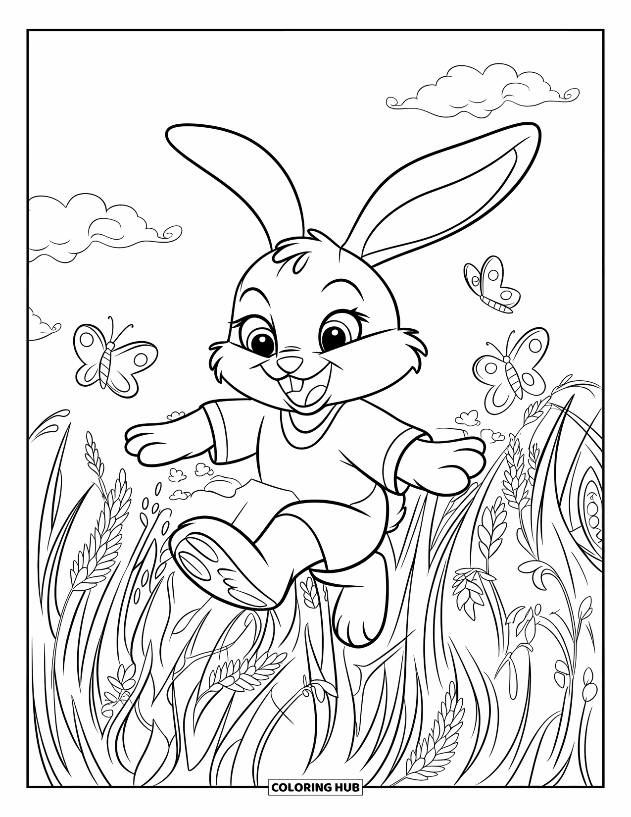 Spring Animal Coloring Page for Kids: Bunny in a green shirt hops through tall grass with fluttering butterflies