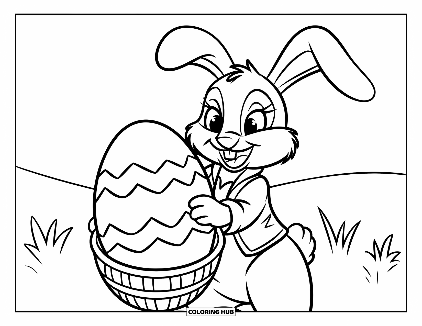 Spring Animal Coloring Page for Kids: Bunny in a jacket holds a spring egg in a basket on grassy ground