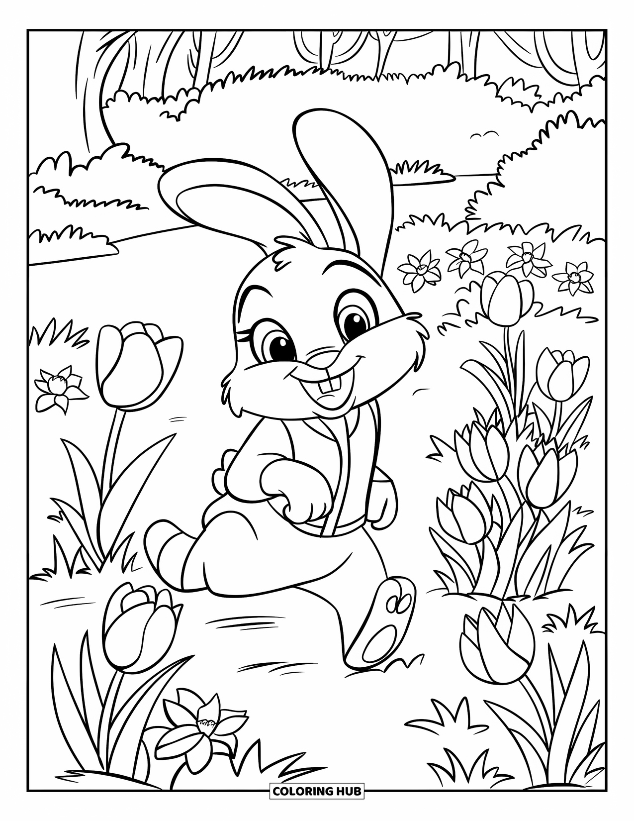 Spring Animal Coloring Page for Kids: Bunny in a striped hat hops through a garden with flowers and green trees