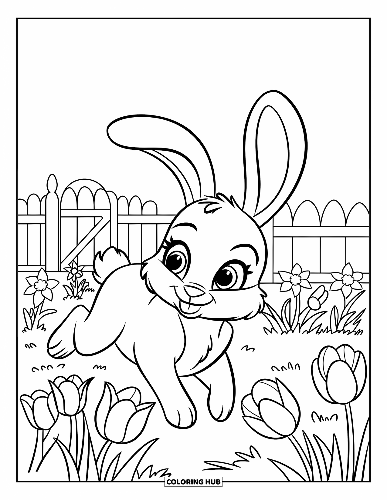 Spring Animal Coloring Page for Kids: Bunny with floppy ears hops through a garden of flowers and a clear sky