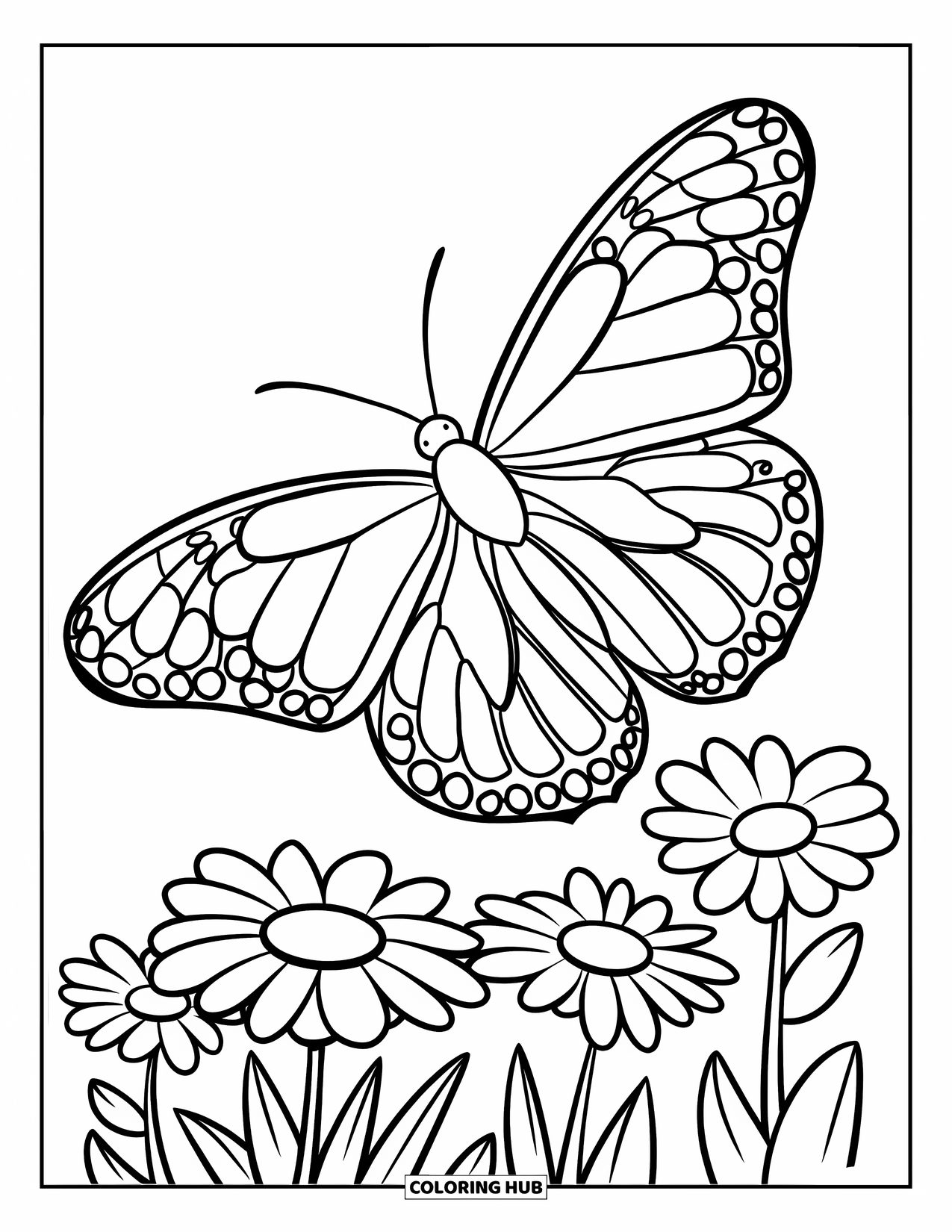 Spring Animal Coloring Page for Kids: Butterfly flies over cheerful daisies with open wings