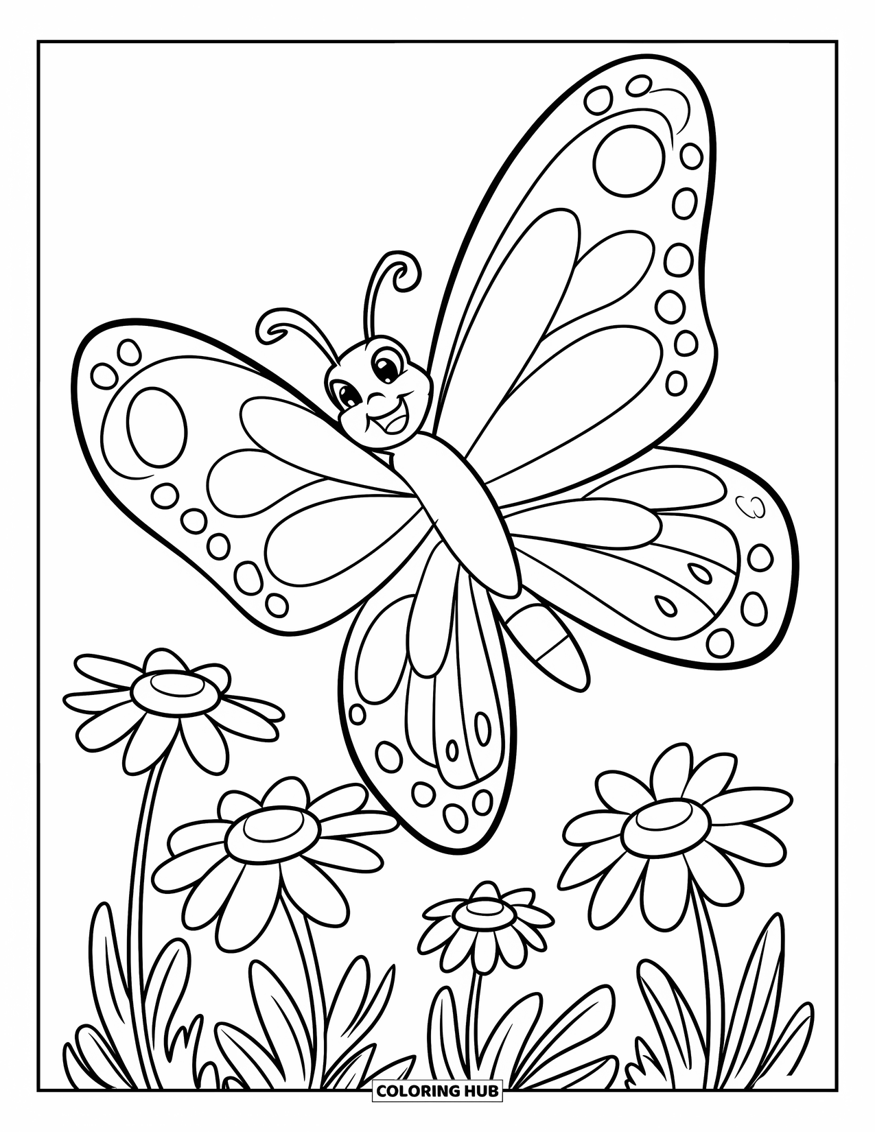 Spring Animal Coloring Page for Kids: Butterfly with big wings soars over daisies in a bright spring field
