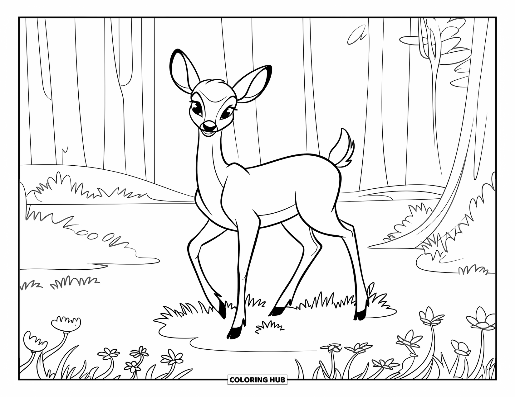 Spring Animal Coloring Page for Kids: Calm deer stands in a field of white flowers beneath tall spring trees
